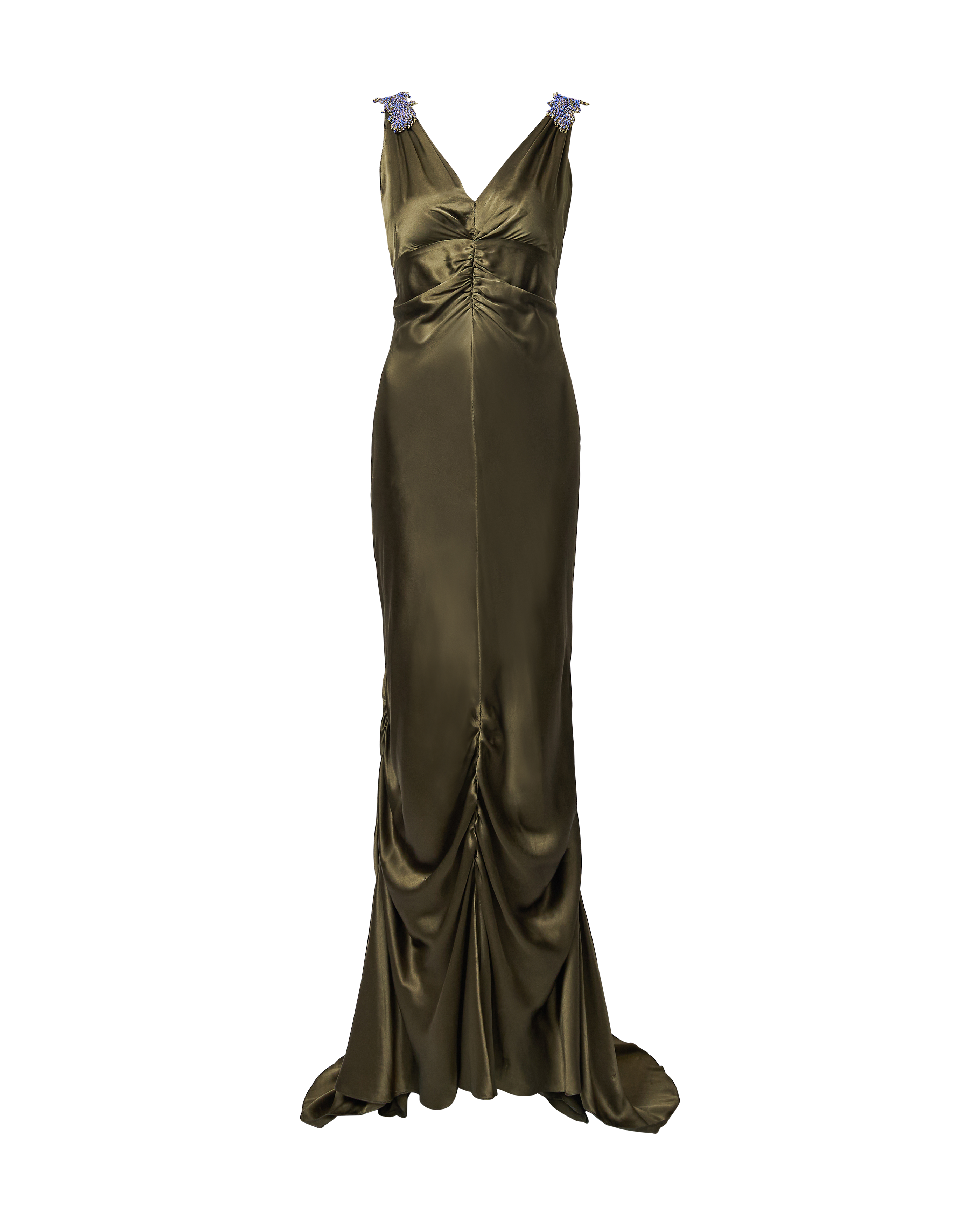 c. 2007 Olive Green Silk Gown with Periwinkle Accents c. 2007 Olive Green Silk Gown with Periwinkle Accents