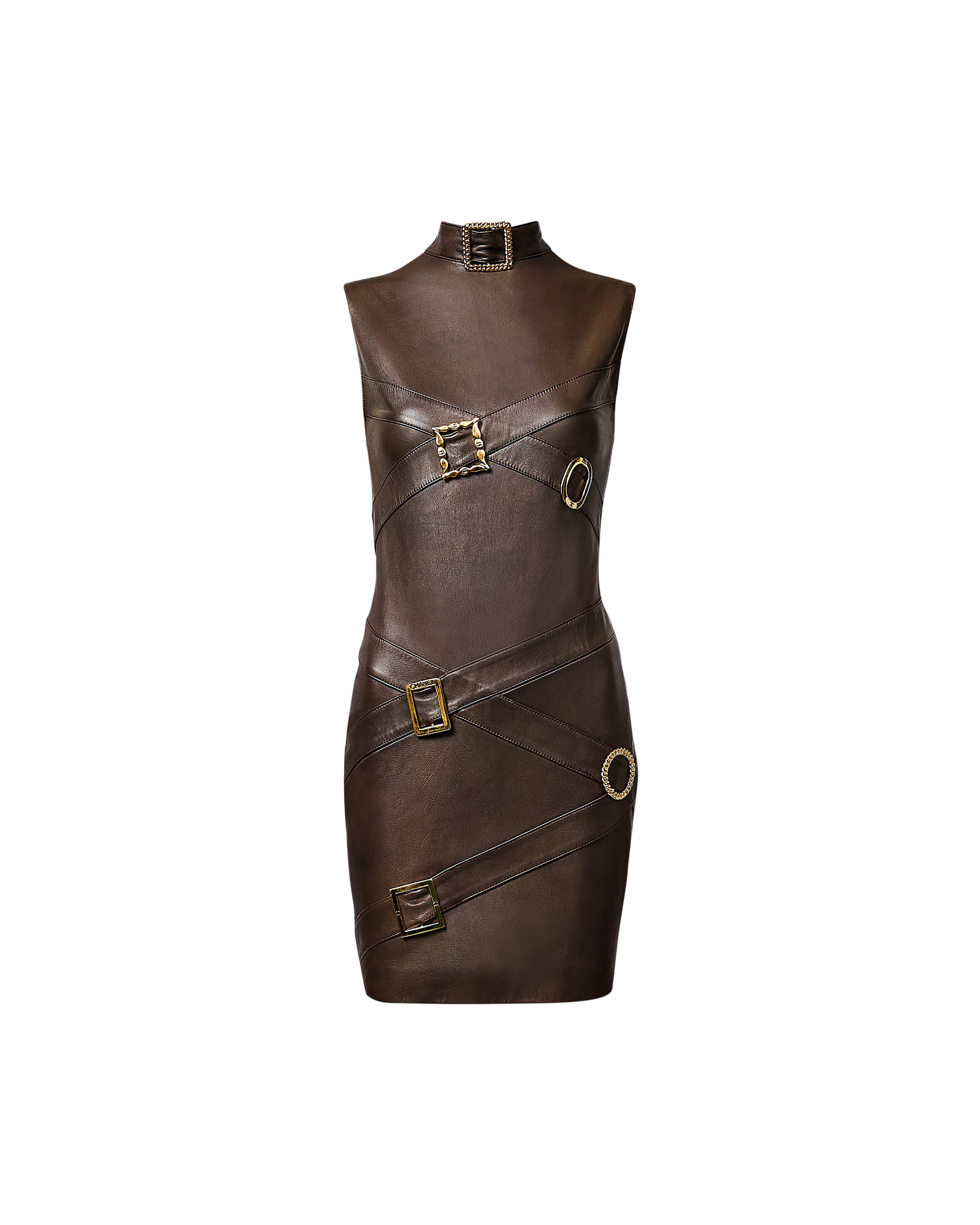 S/S 1988 Brown Leather Dress with Belt Buckle Details