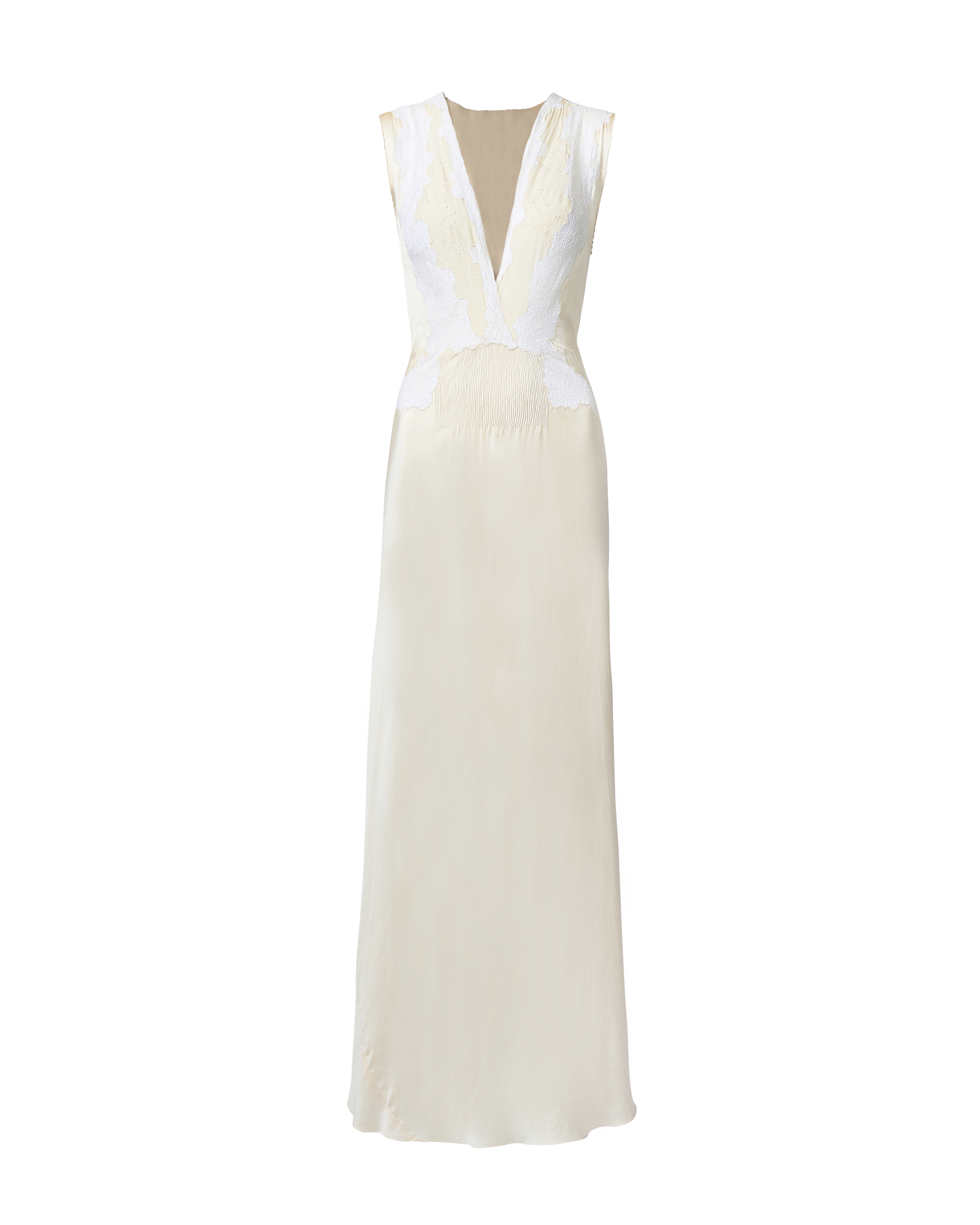 1930's Pale Yellow / Ivory Silk Slip with White Lace and Gathered Wais