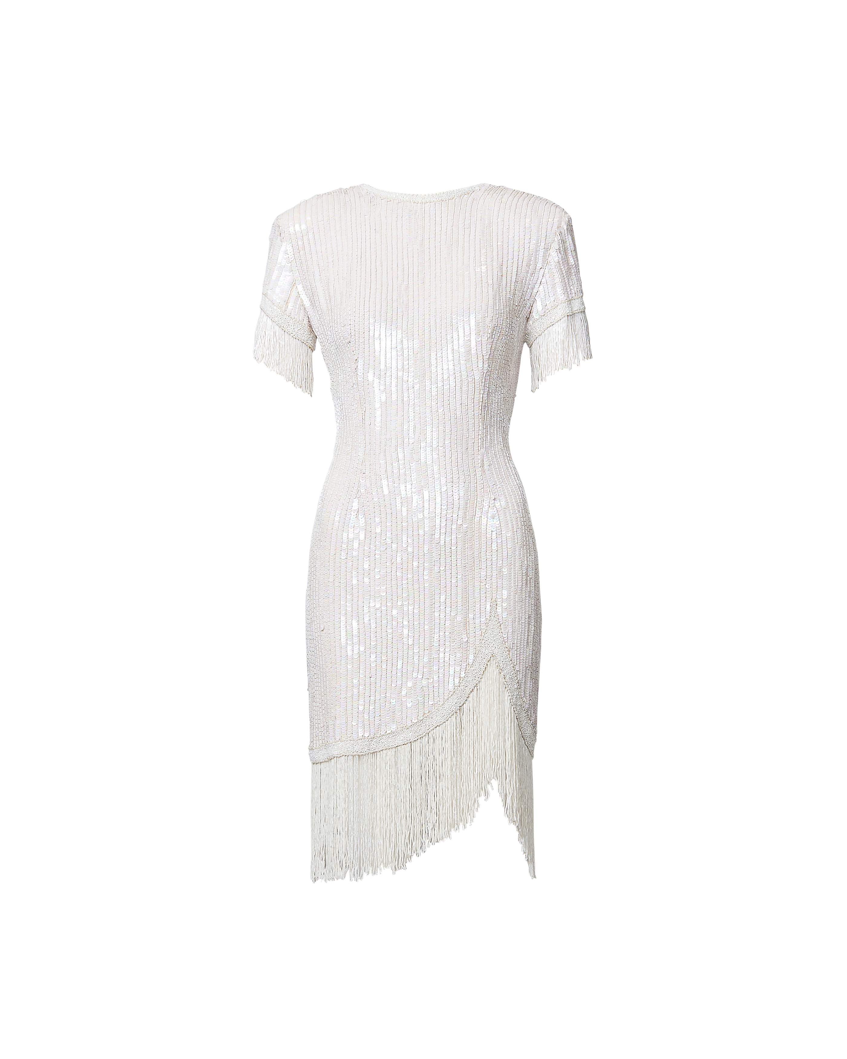 1990's White Short Sleeve Sequin Embellished Mini Dress with Beaded Fr
