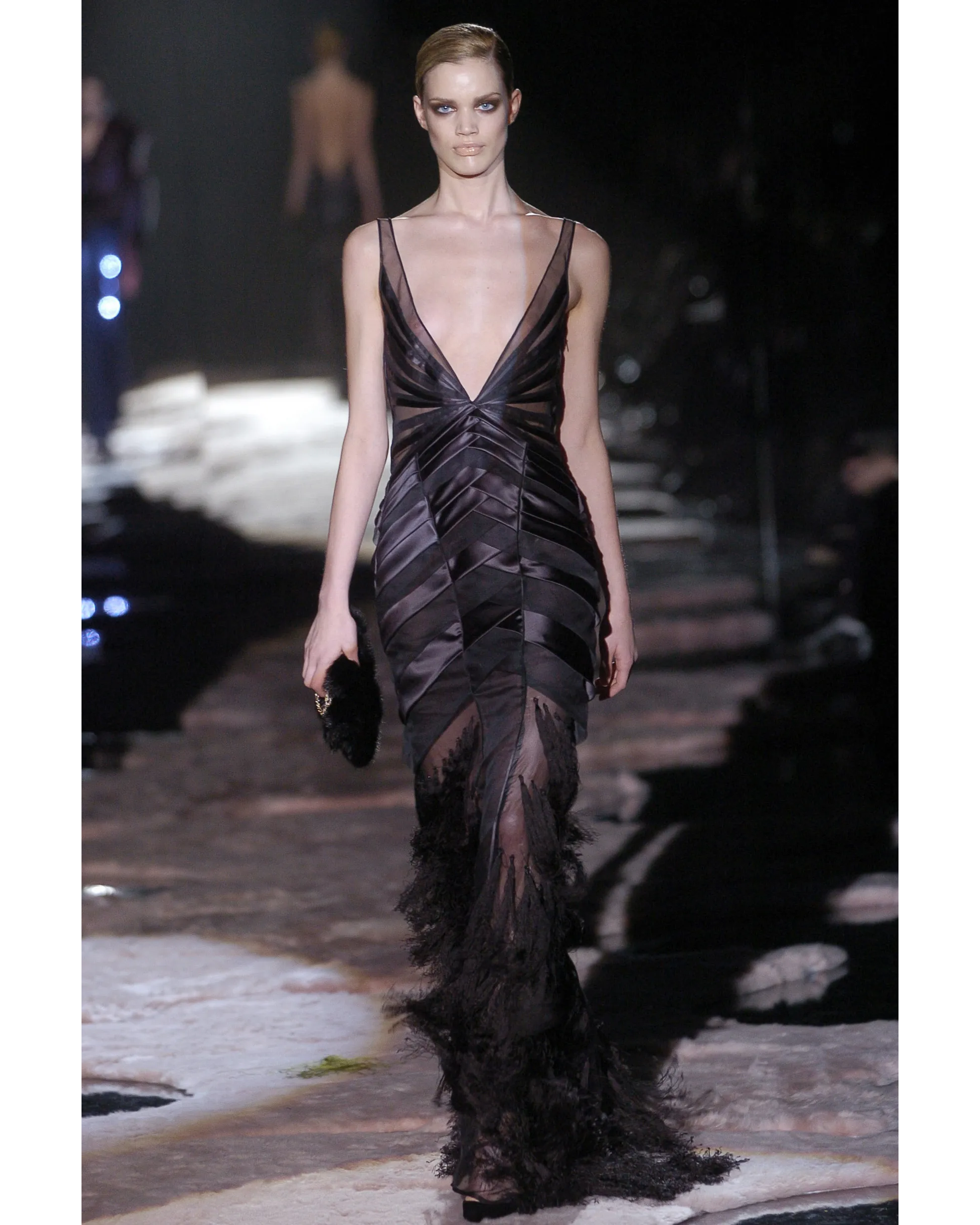 A/W 2004 Black Plunging Neckline Fringe Gown