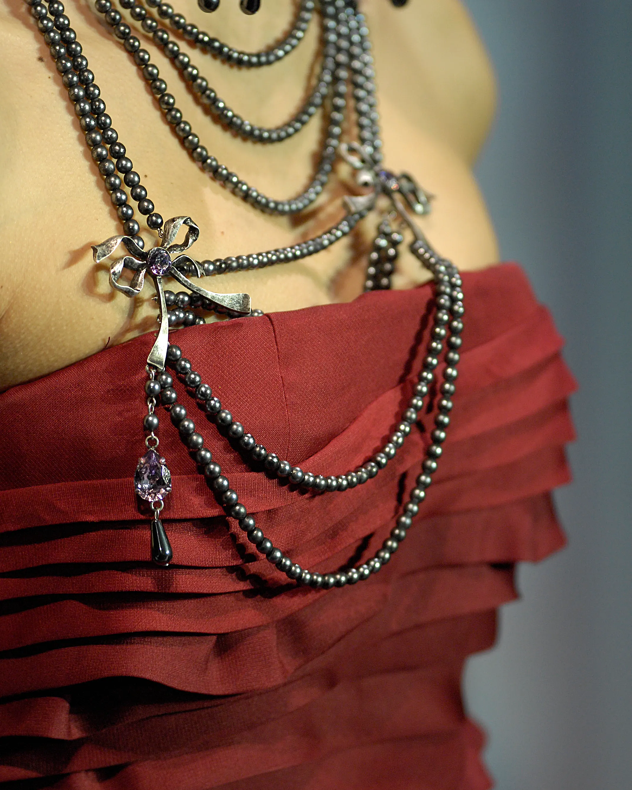 S/S 2007 Haute Couture Three-Strand Faux Pearl, Bronze Bow and Rhinestone Necklace