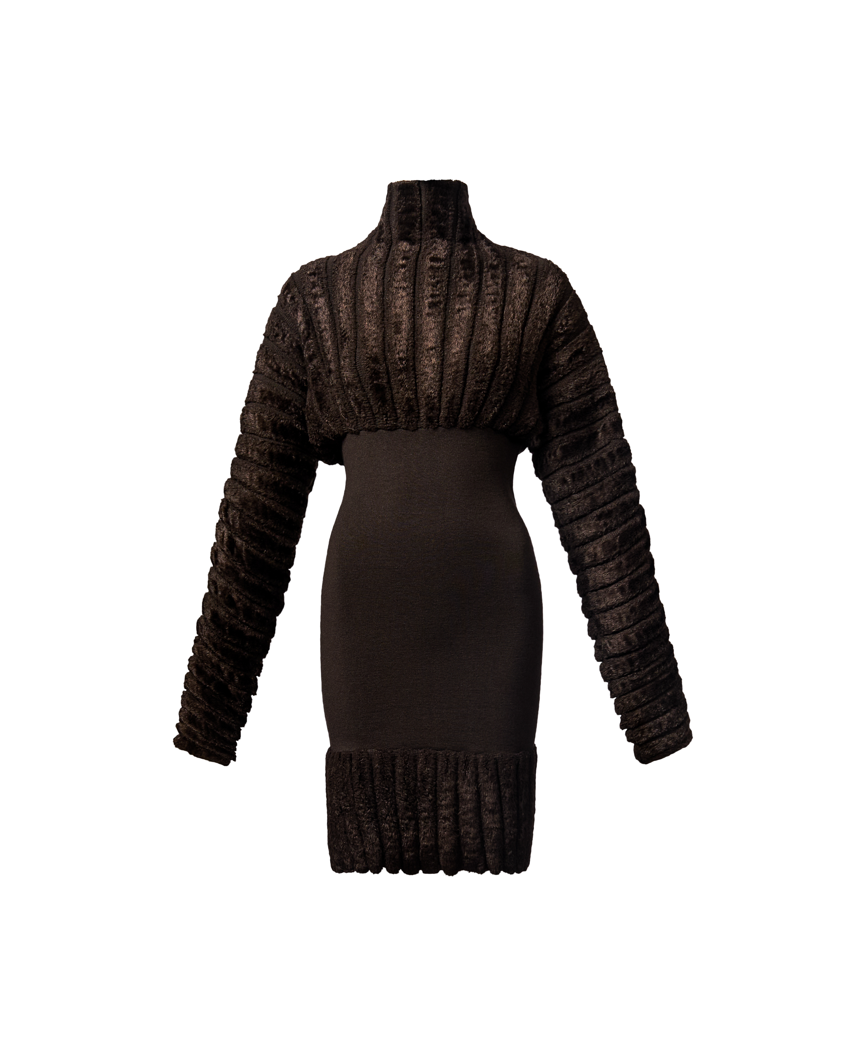 S/S 1994 Deep Brown 'Houpette' Above-Knee Long Sleeve Turtleneck Dress