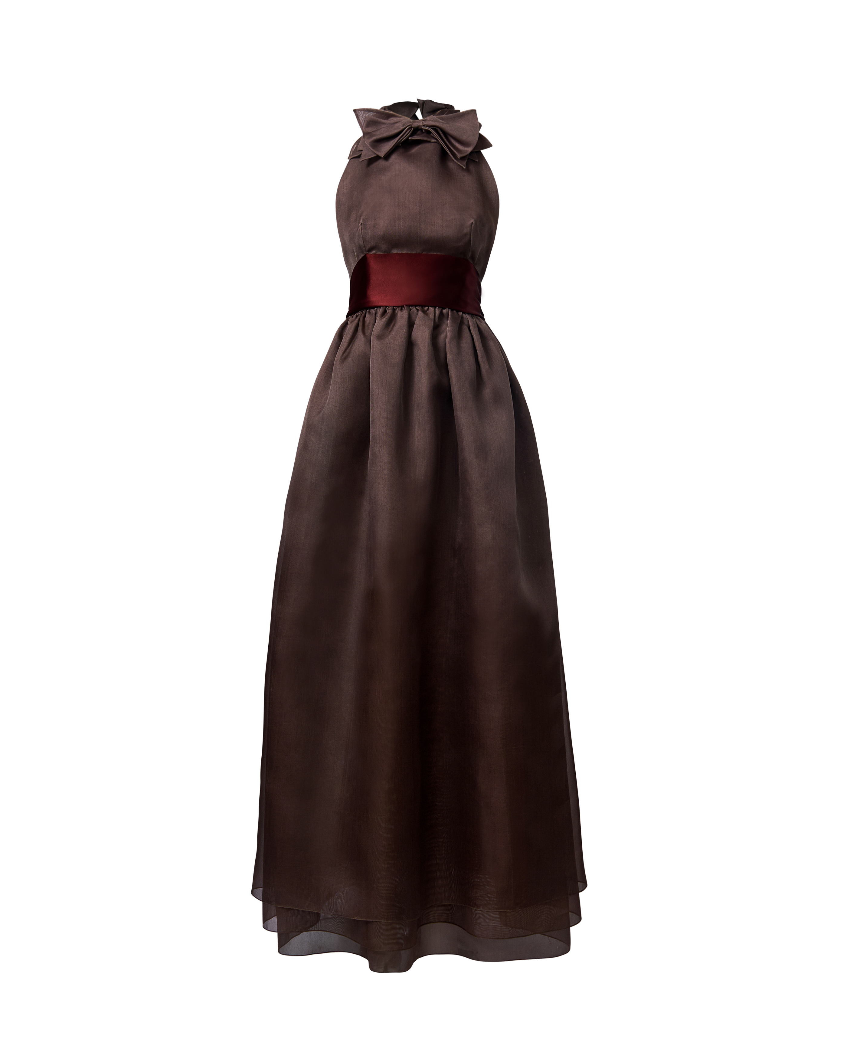 1970's Brown Silk Gazar Bow Gown