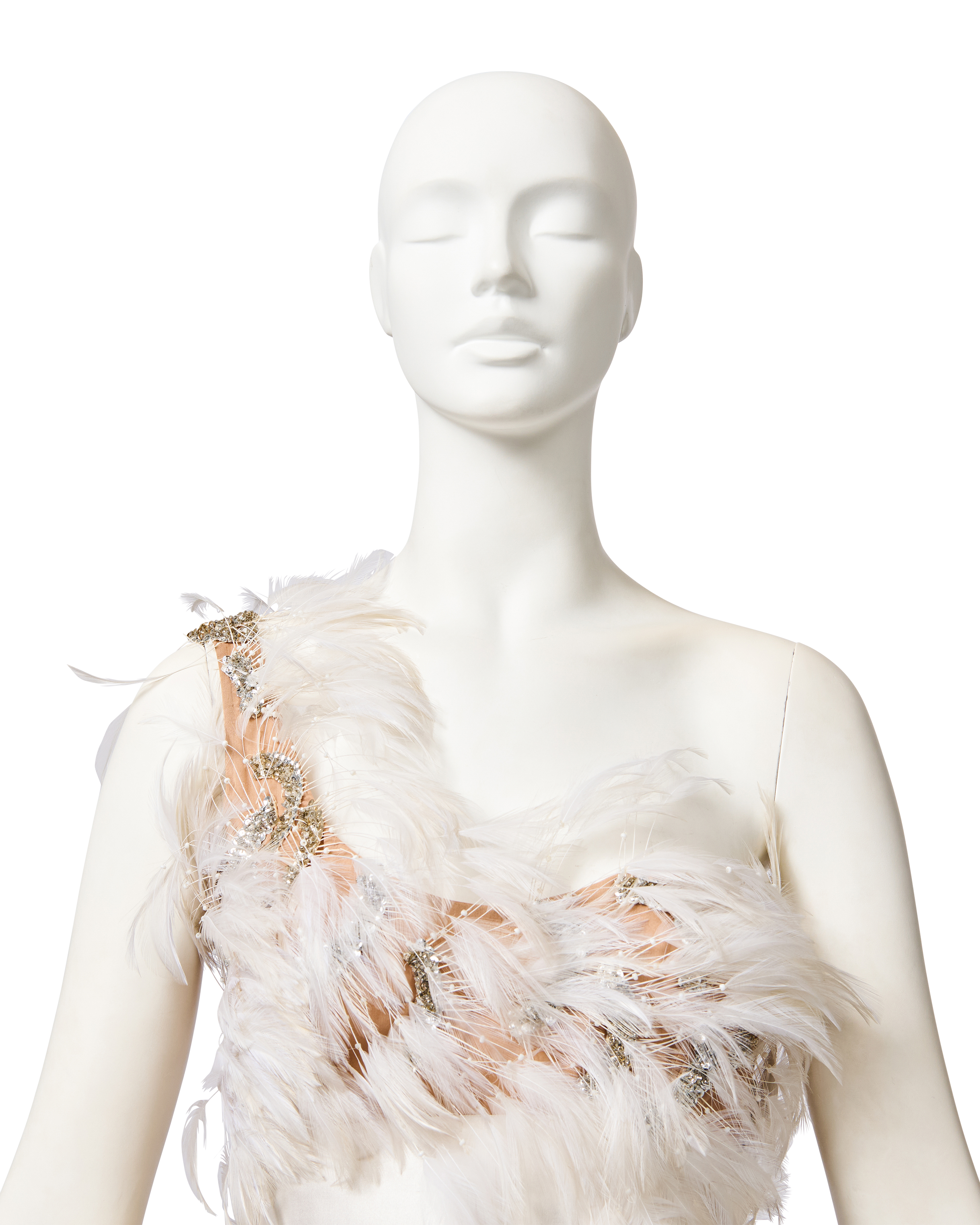 1980's Bespoke Handmade Ivory Chiffon Feather Gown