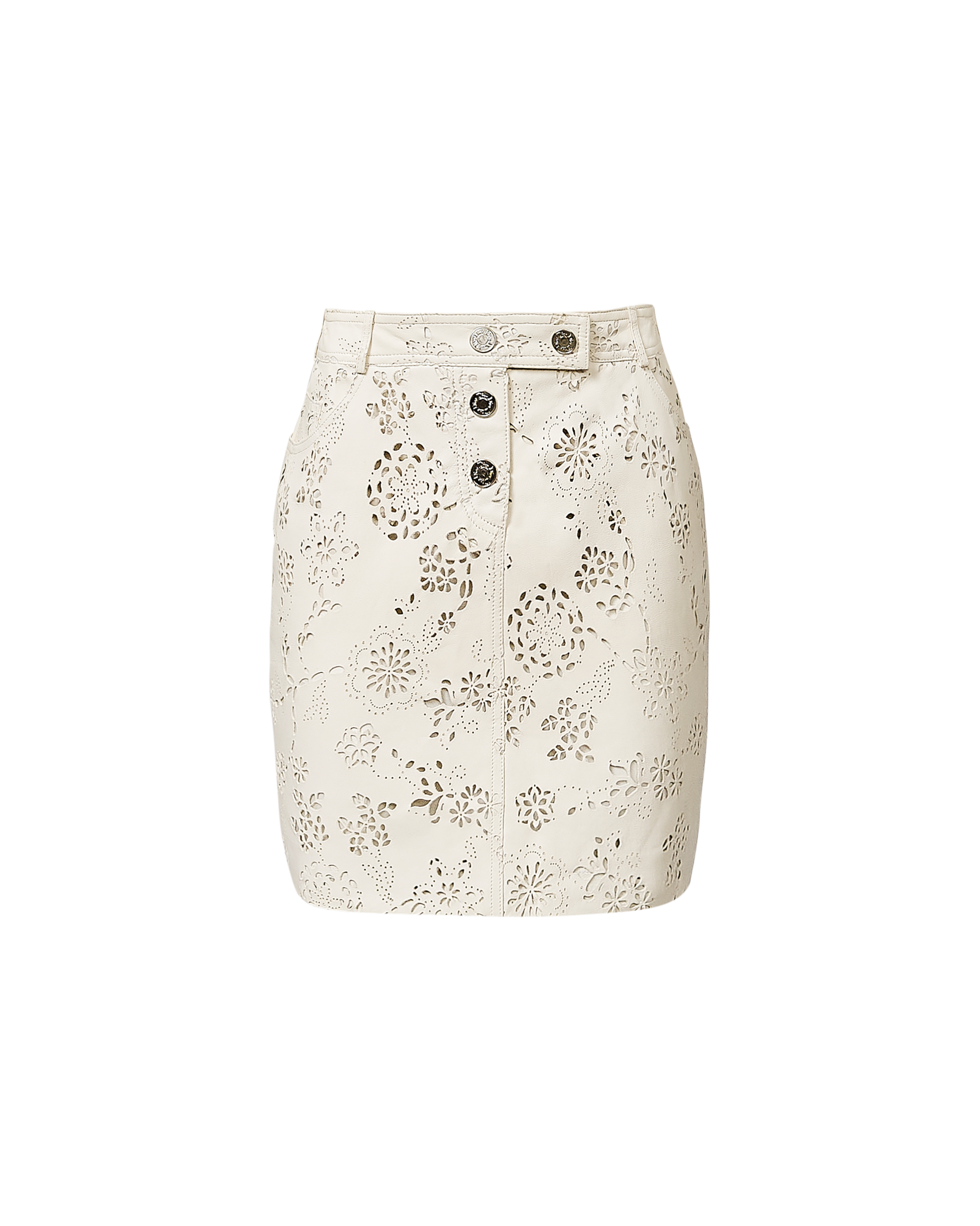 S/S 2006 Ivory Leather Laser Cut Floral Pattern Mini Skirt