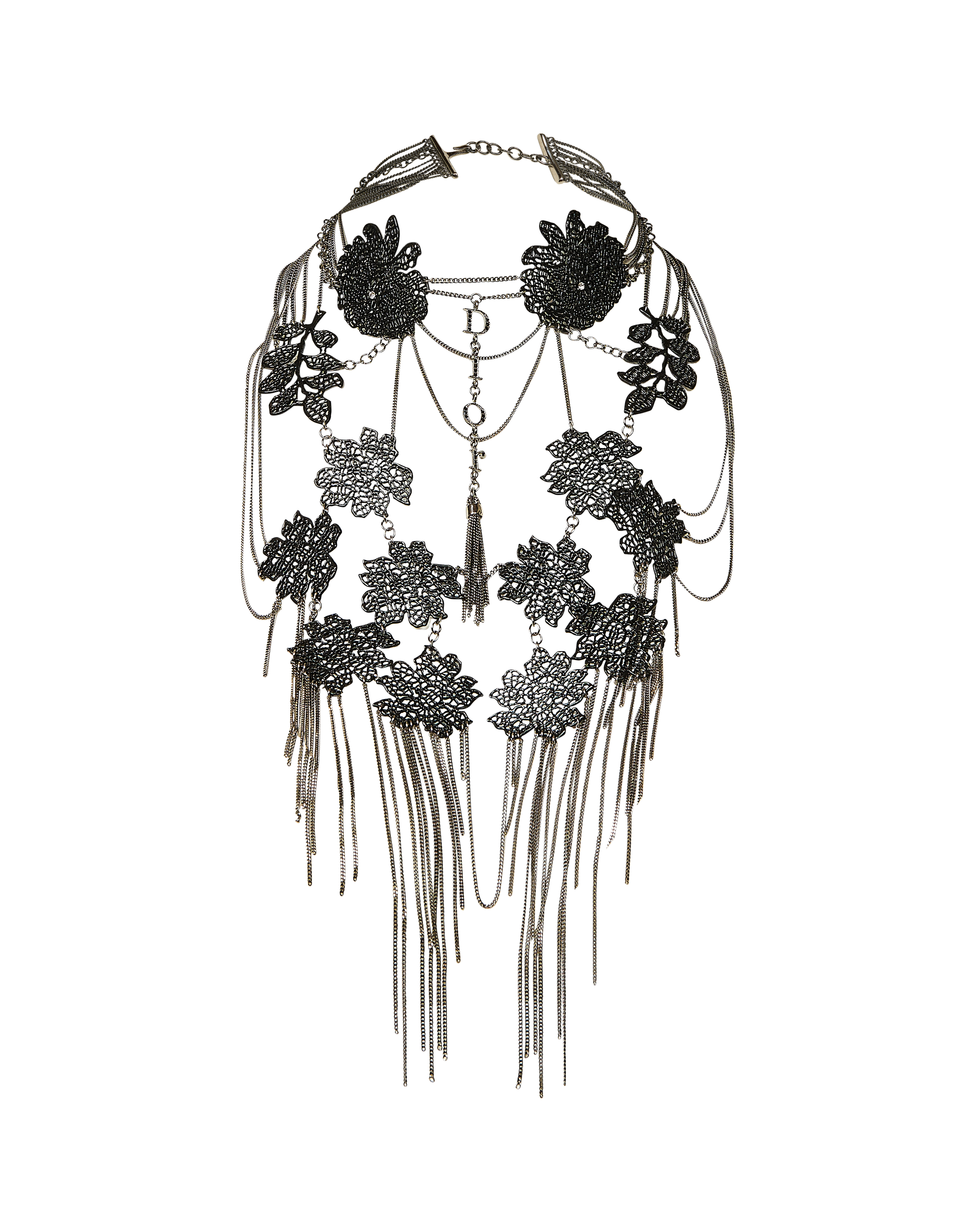c. 1998 Silver and Black Metal Floral Necklace