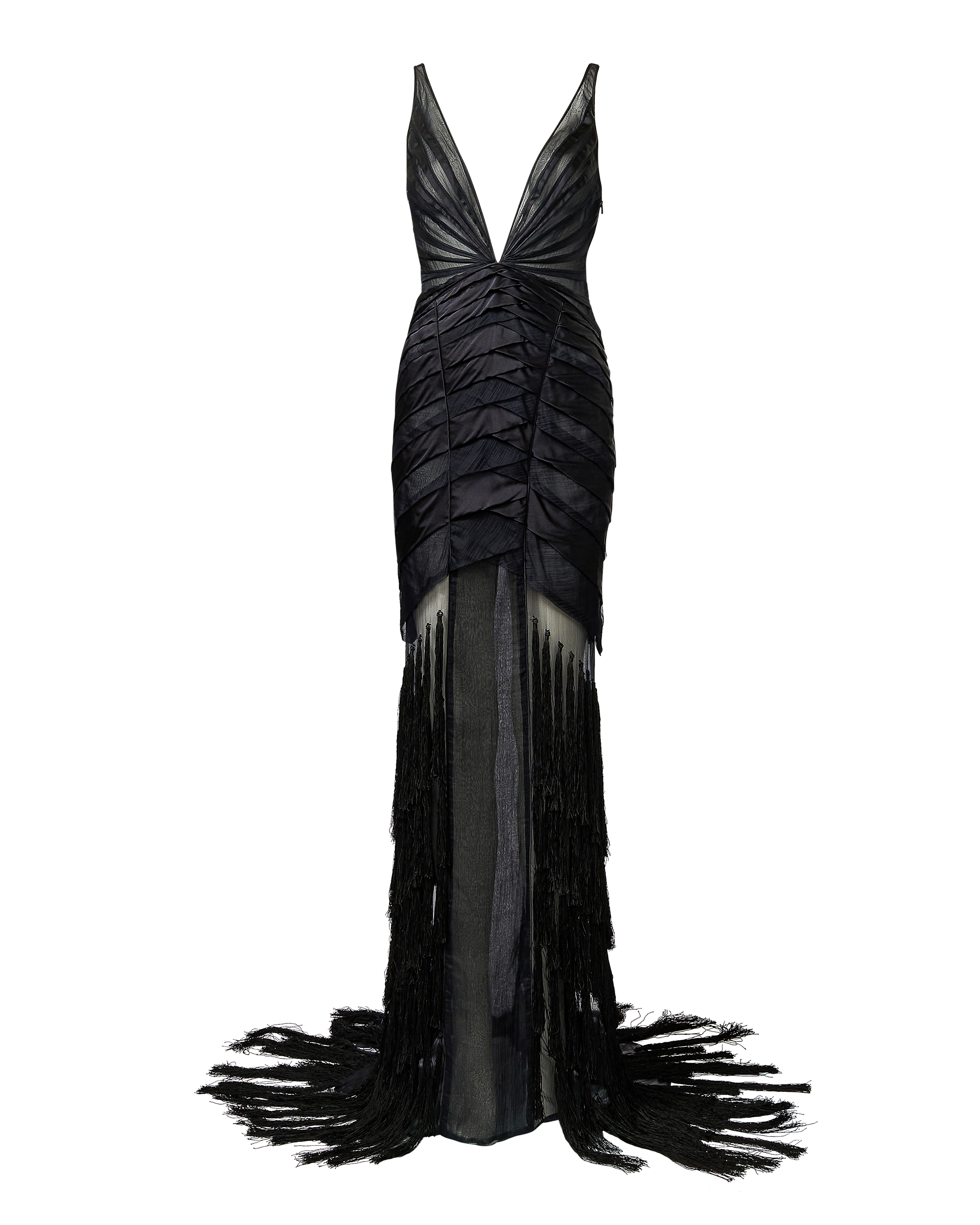 A/W 2004 Black Plunging Neckline Fringe Gown