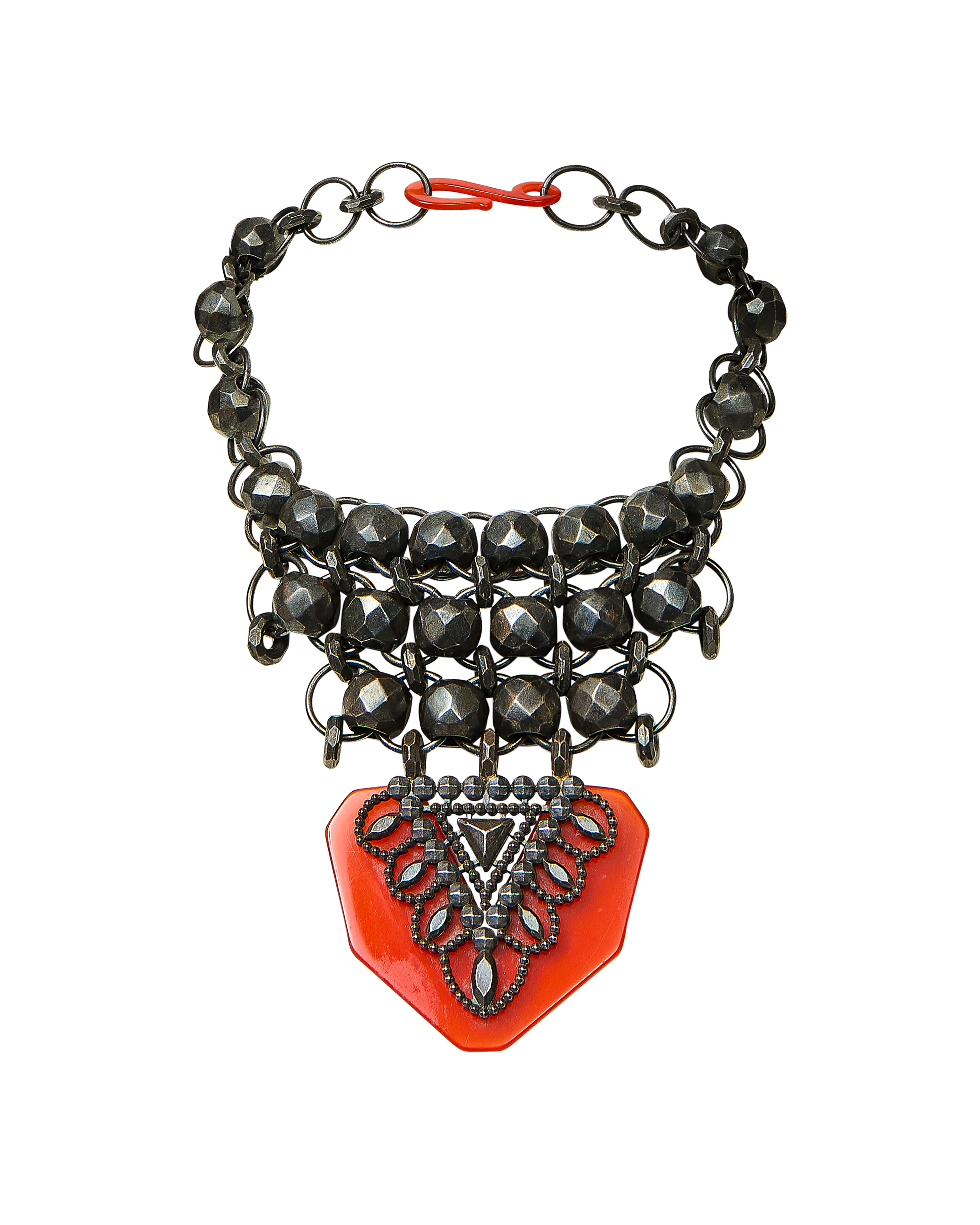 2000's Gunmetal-Black and Red Plastron Necklace