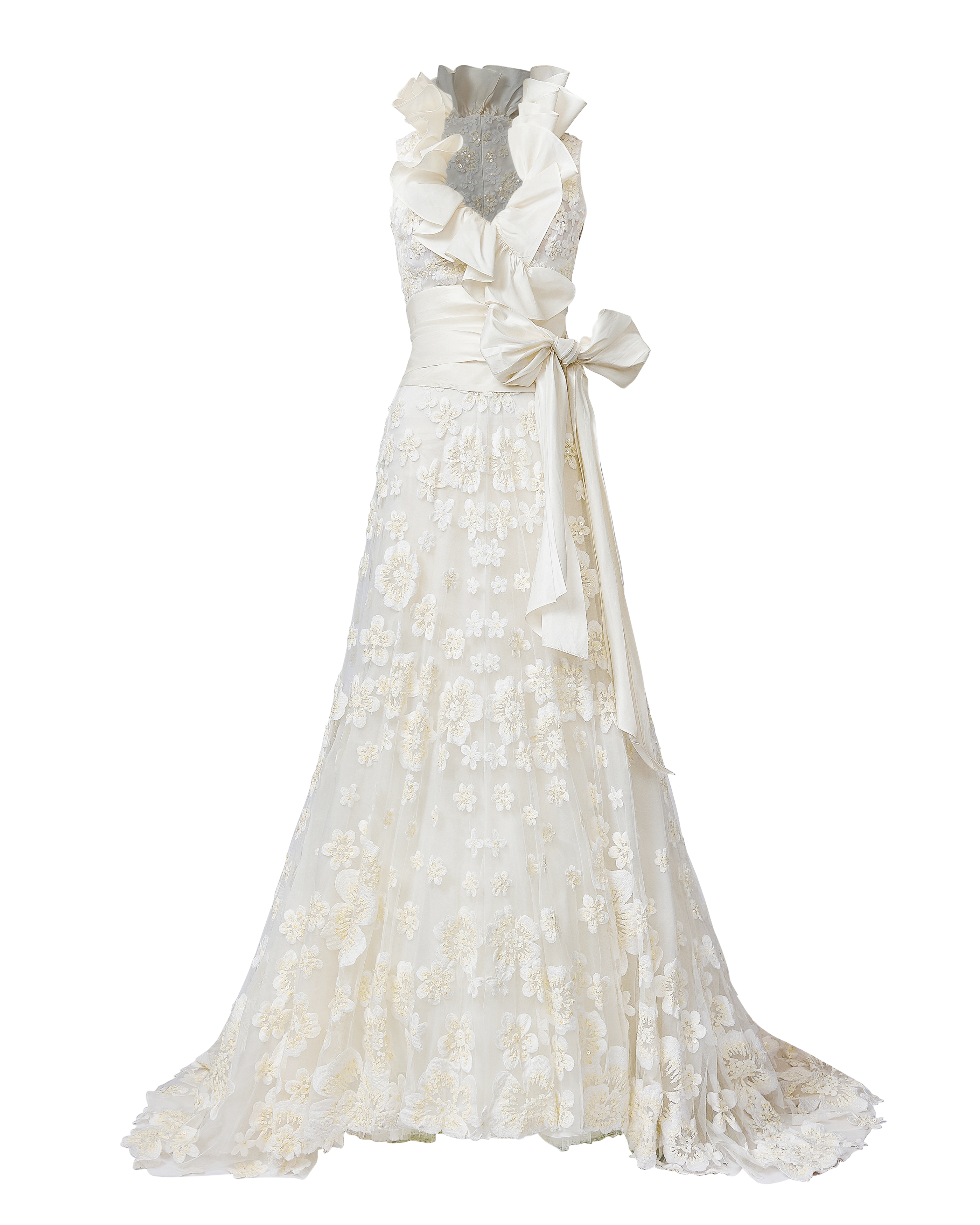 2007 'Kira' Ruffle Halter Floral Appliqué Trained Bridal Gown