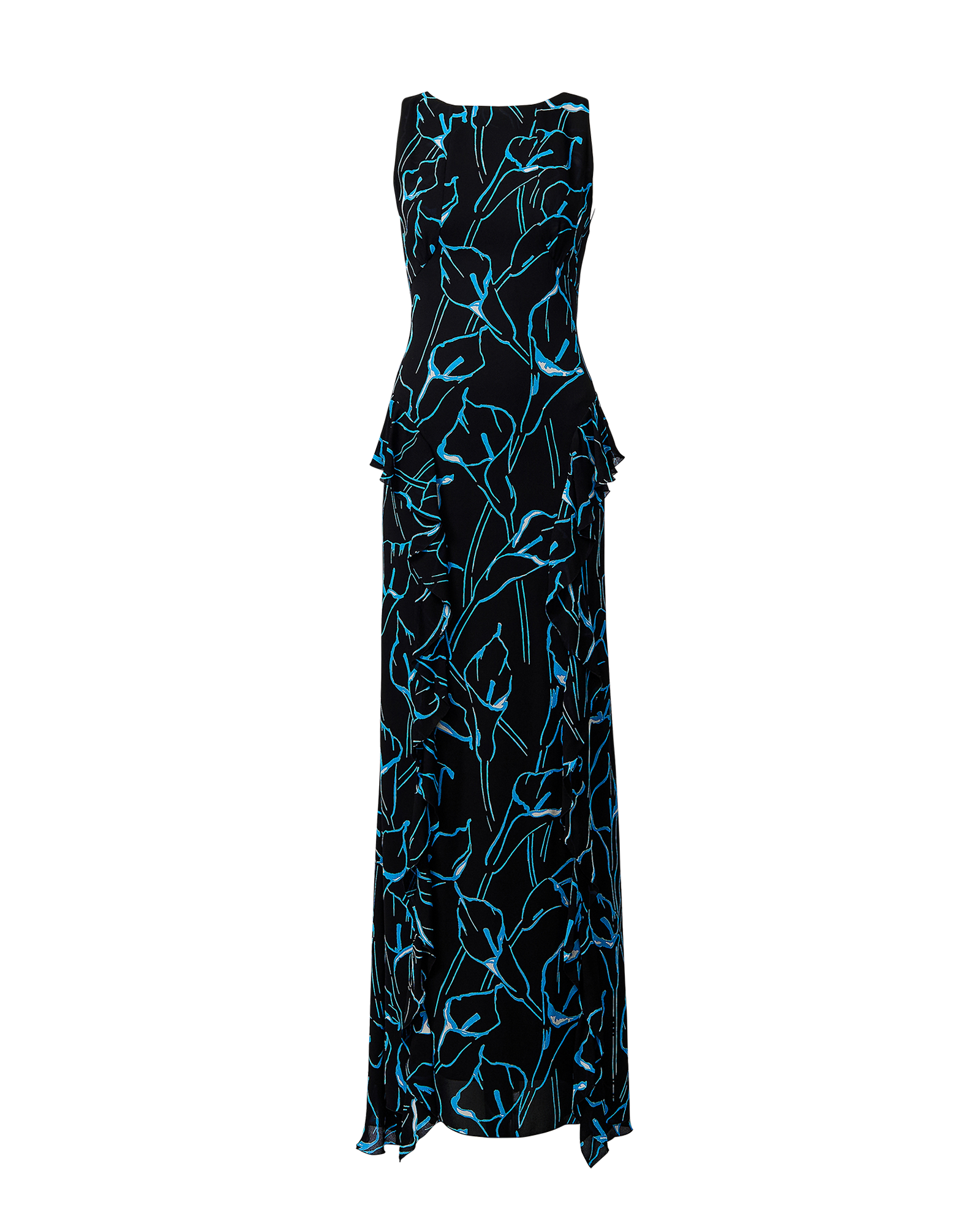 S/S 1997 Black and Light Blue Calla Lily Pattern Gown