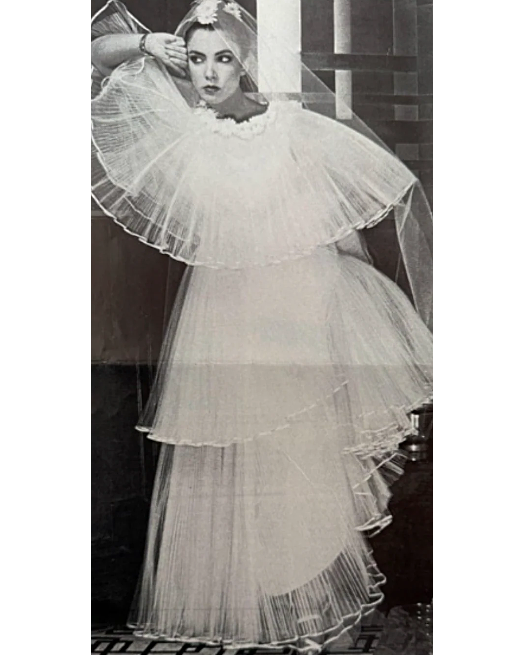 1978 Light Gray Tiered Pleated Tulle Gown