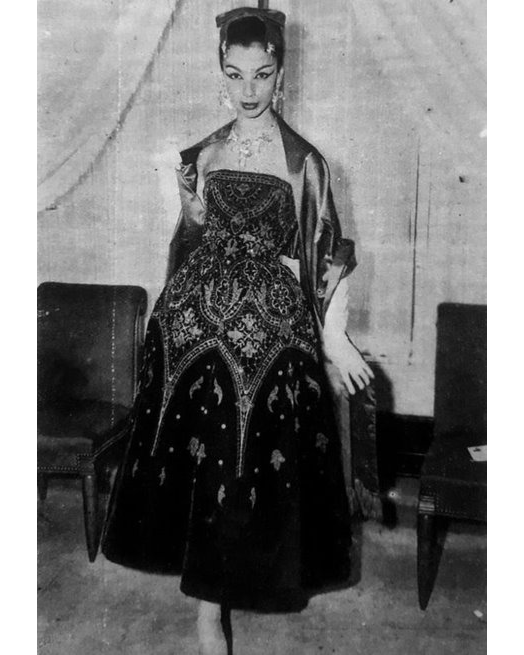 A/W 1956 Haute Couture Black and Gold Embroidered Velvet Dress
