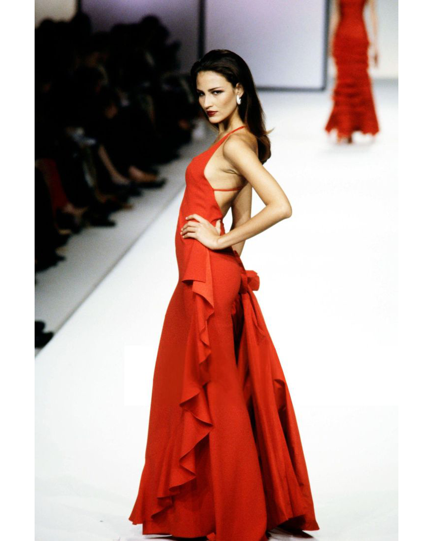 A/W 2000 Red Scoop Neck Asymmetrical Ruffle Gown