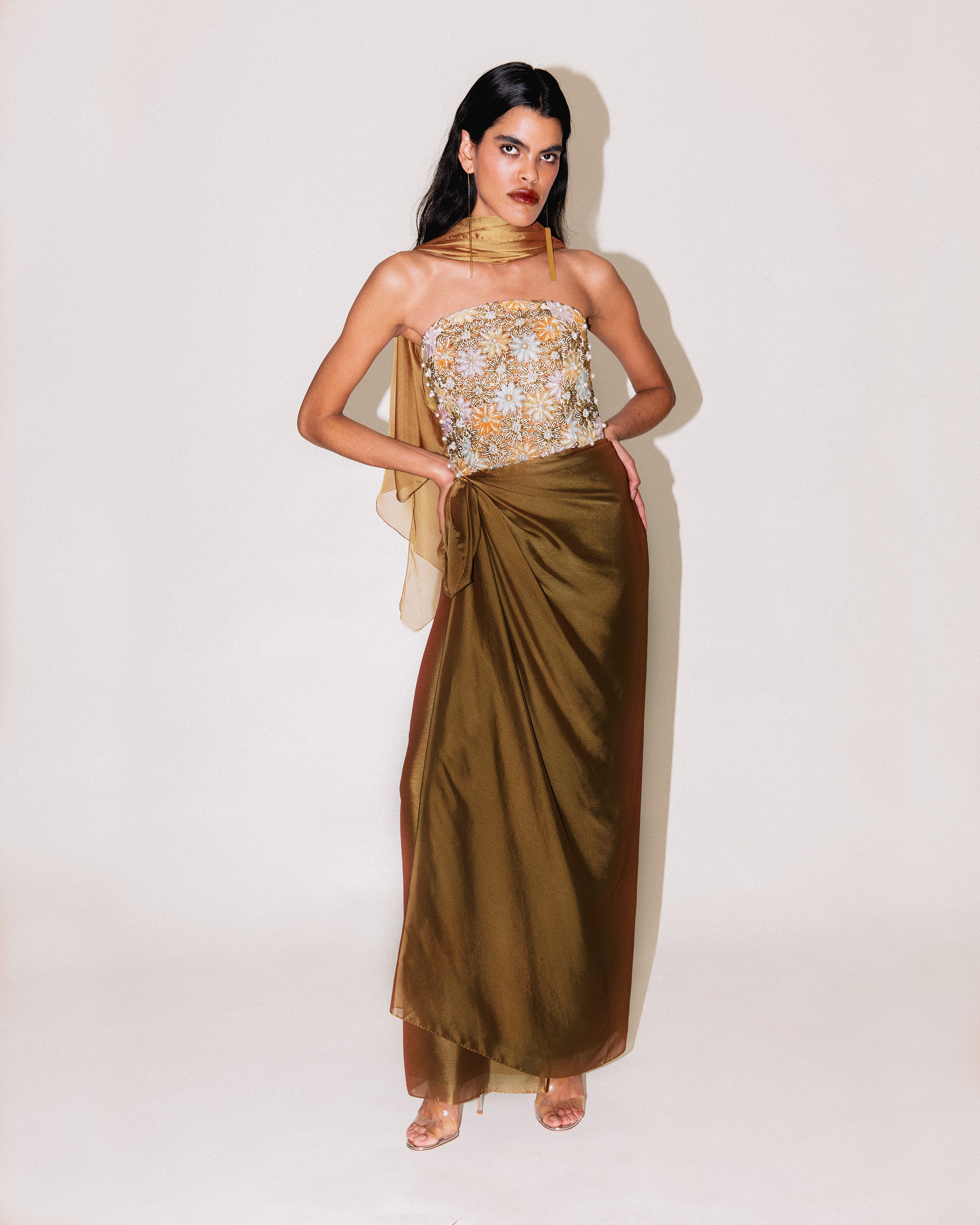 c. 1991 Embellished Copper Strapless Gown with Stole