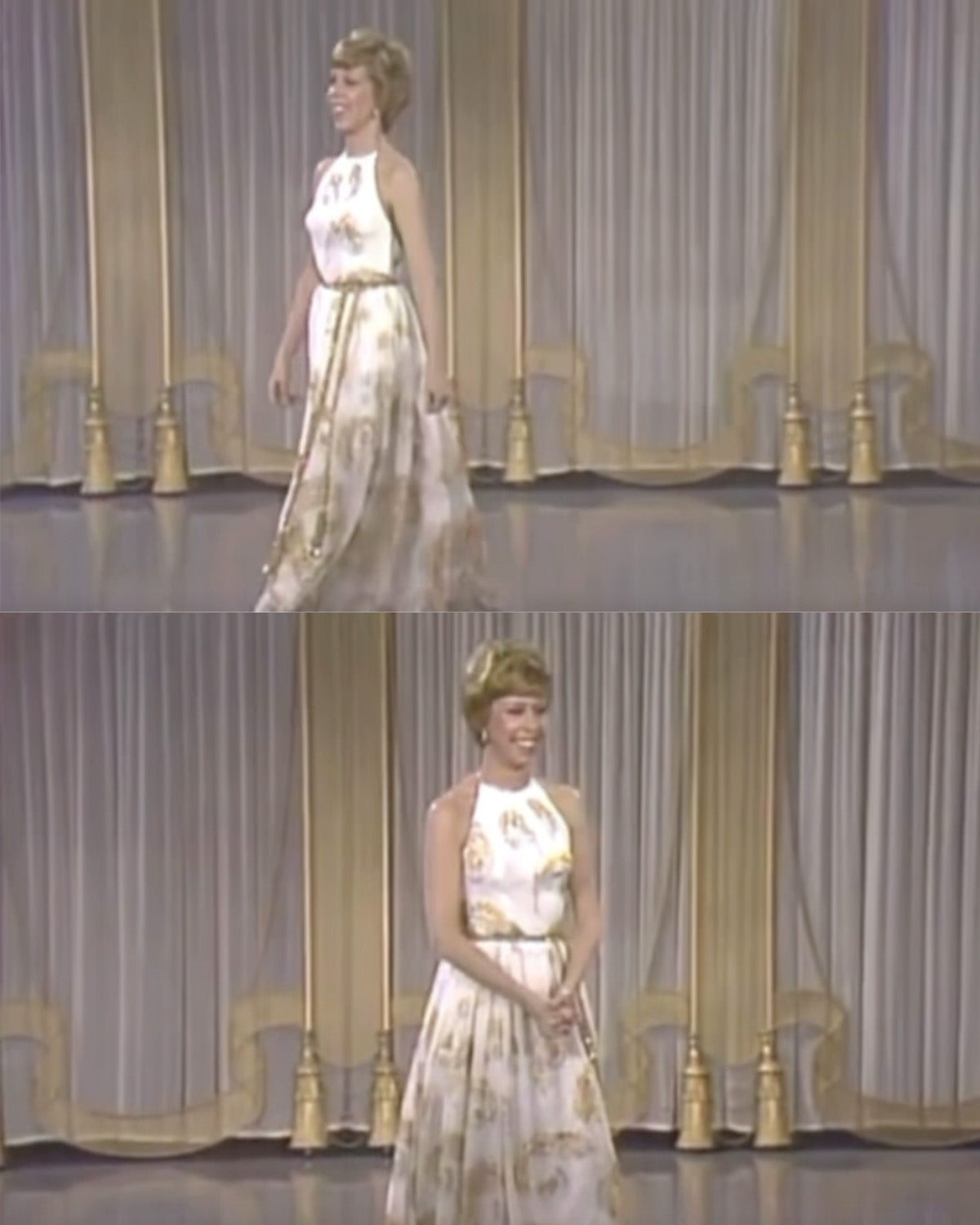 1972 Ivory and Metallic Feather Pattern Open-Back Gown