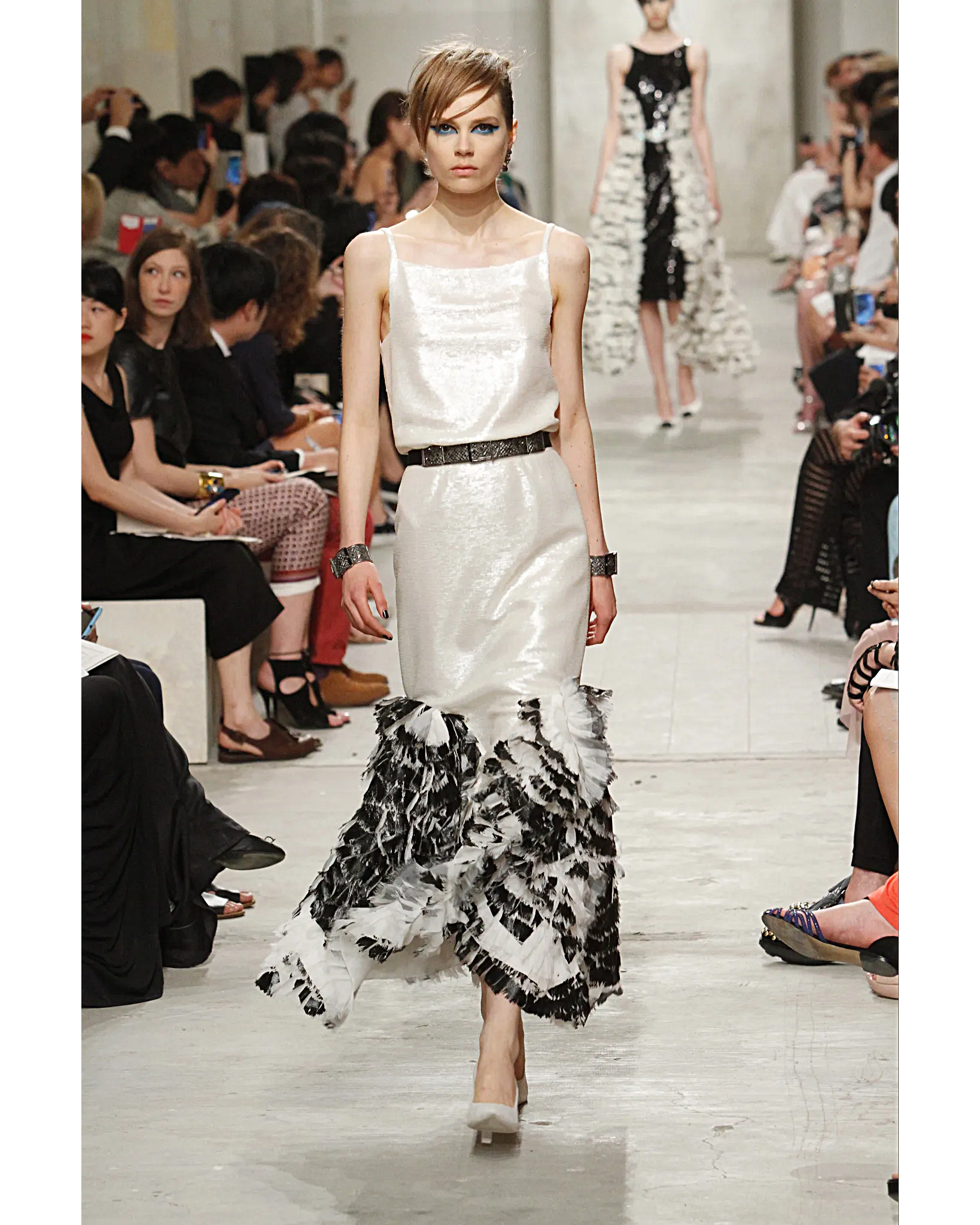 Cruise 2014 Ivory Sequin Gown with Black and White Pleated Ruffle Hemline