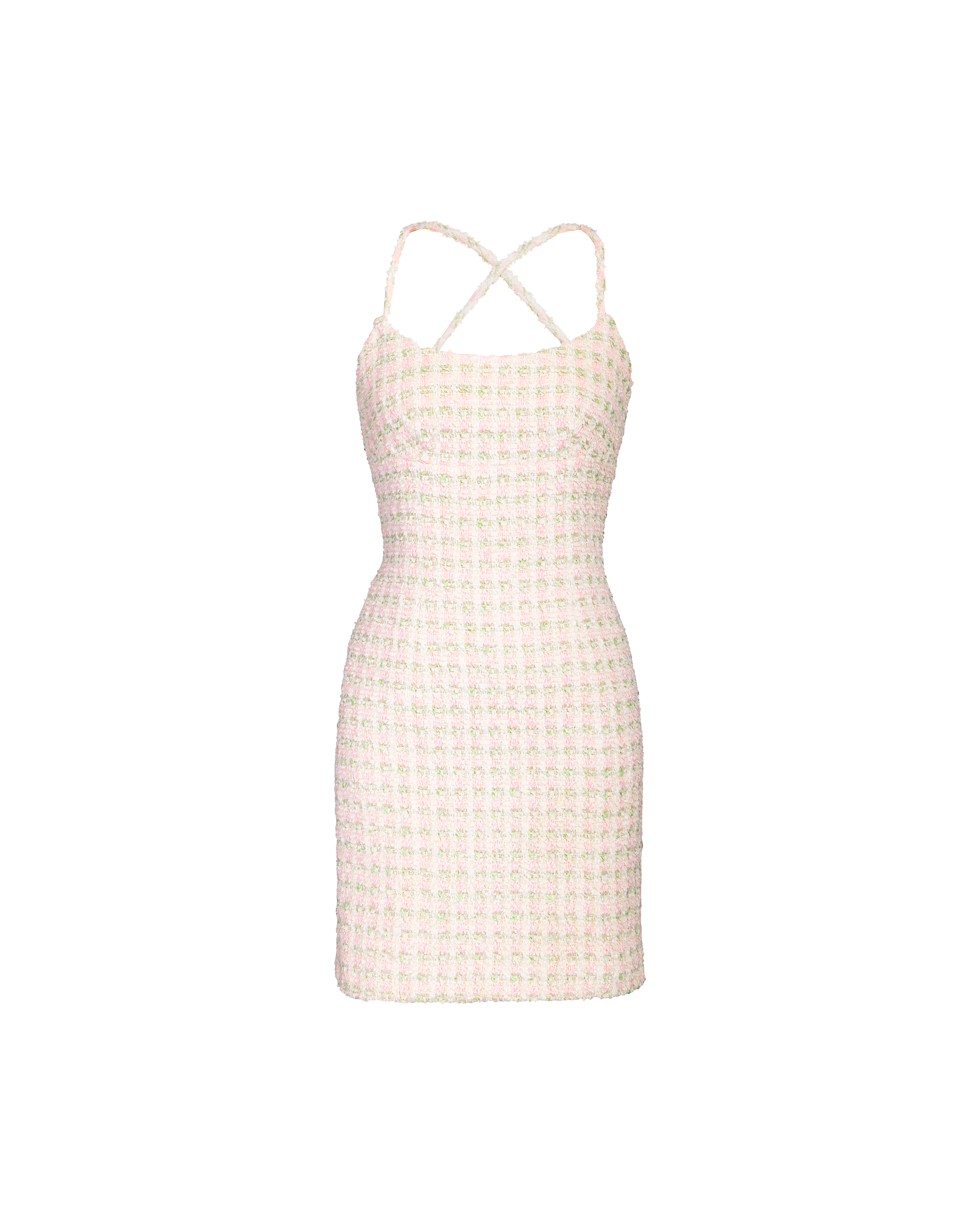 S/S 1992 Metallic Cream Boucle with Pink and Green Checkered Tweed Mini Dress