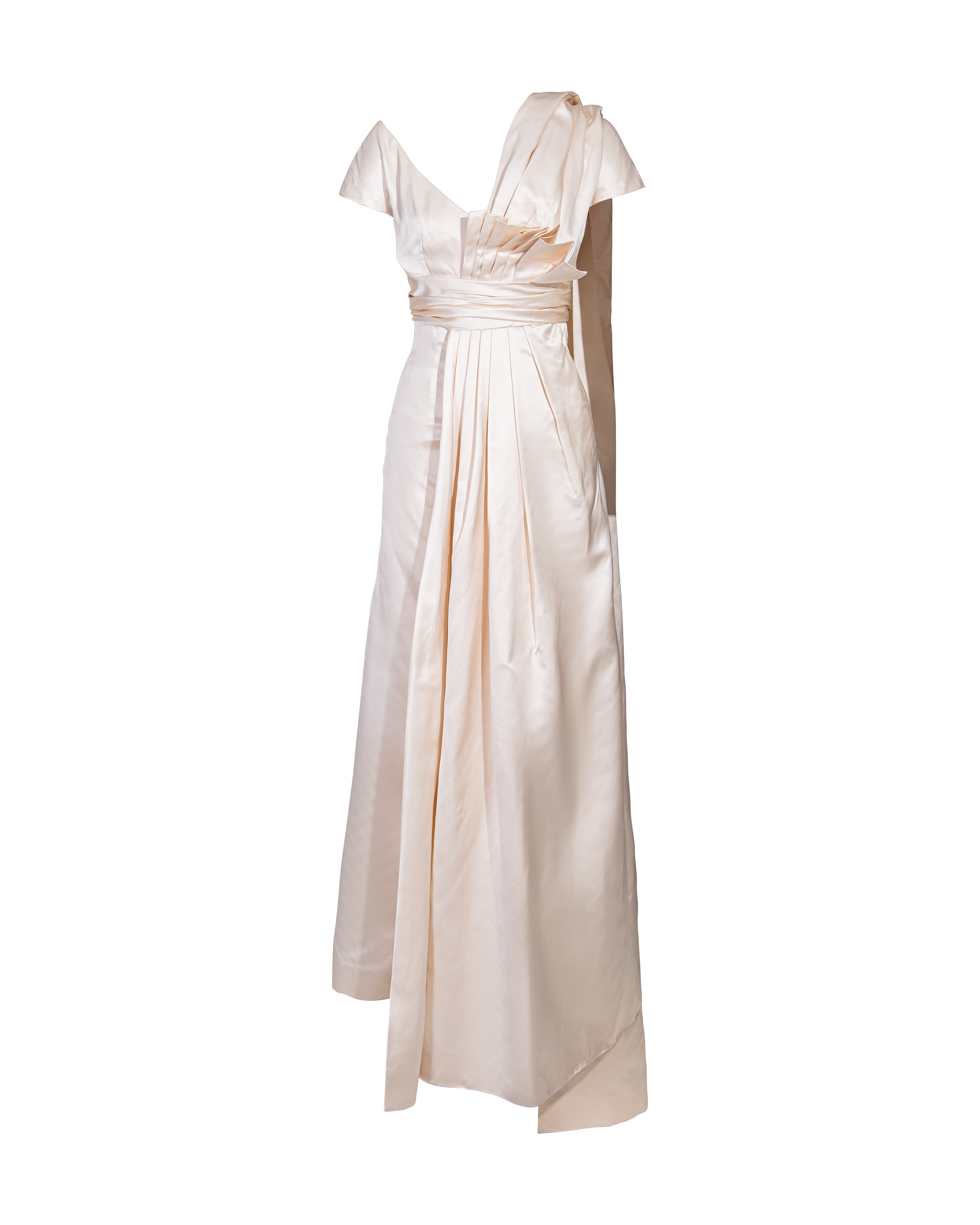S/S 1955 Short Sleeve Ecru Satin Gown with Sash