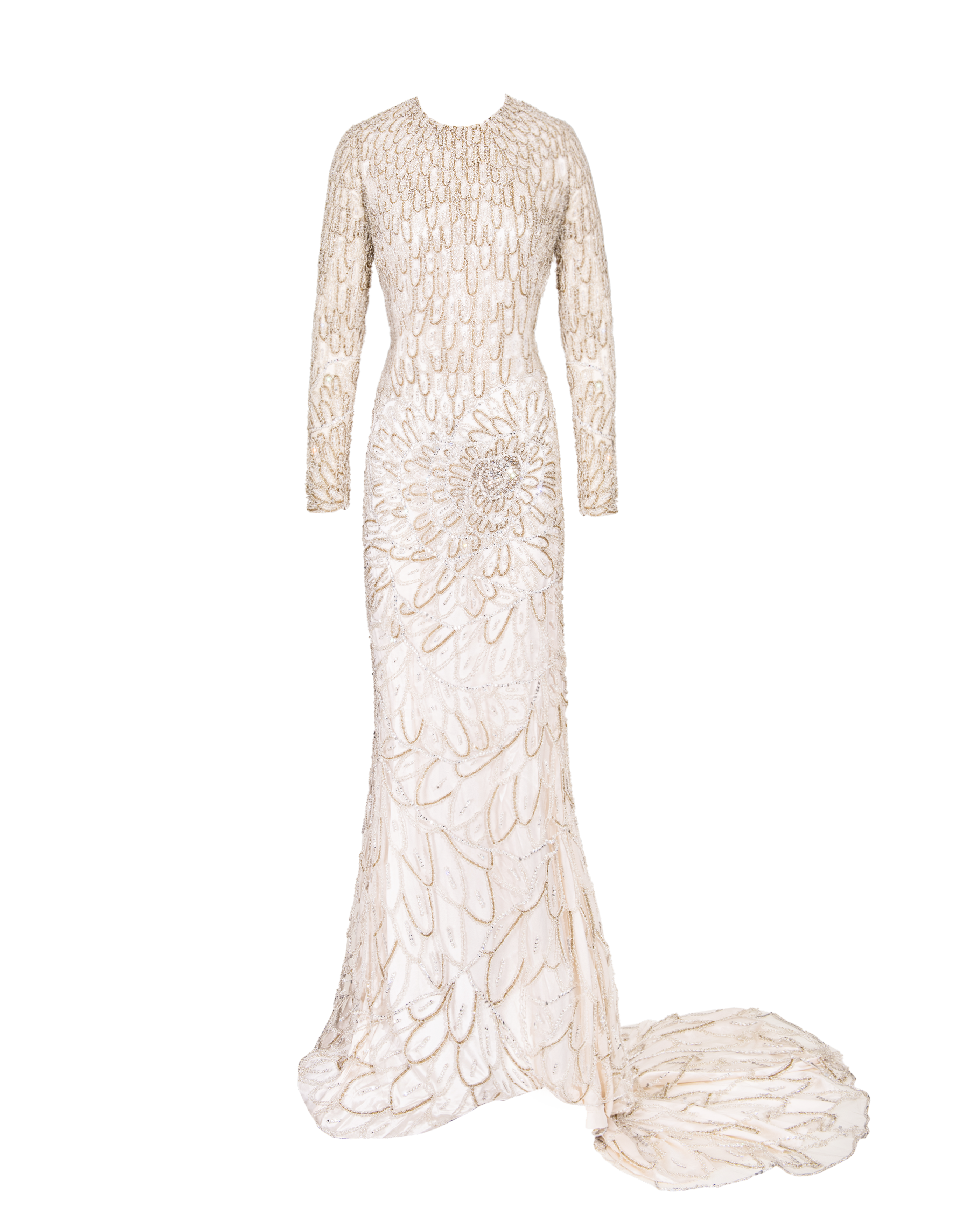 A/W 2001 Ecru Heavily Embellished Long Sleeve Semi-Sheer Gown