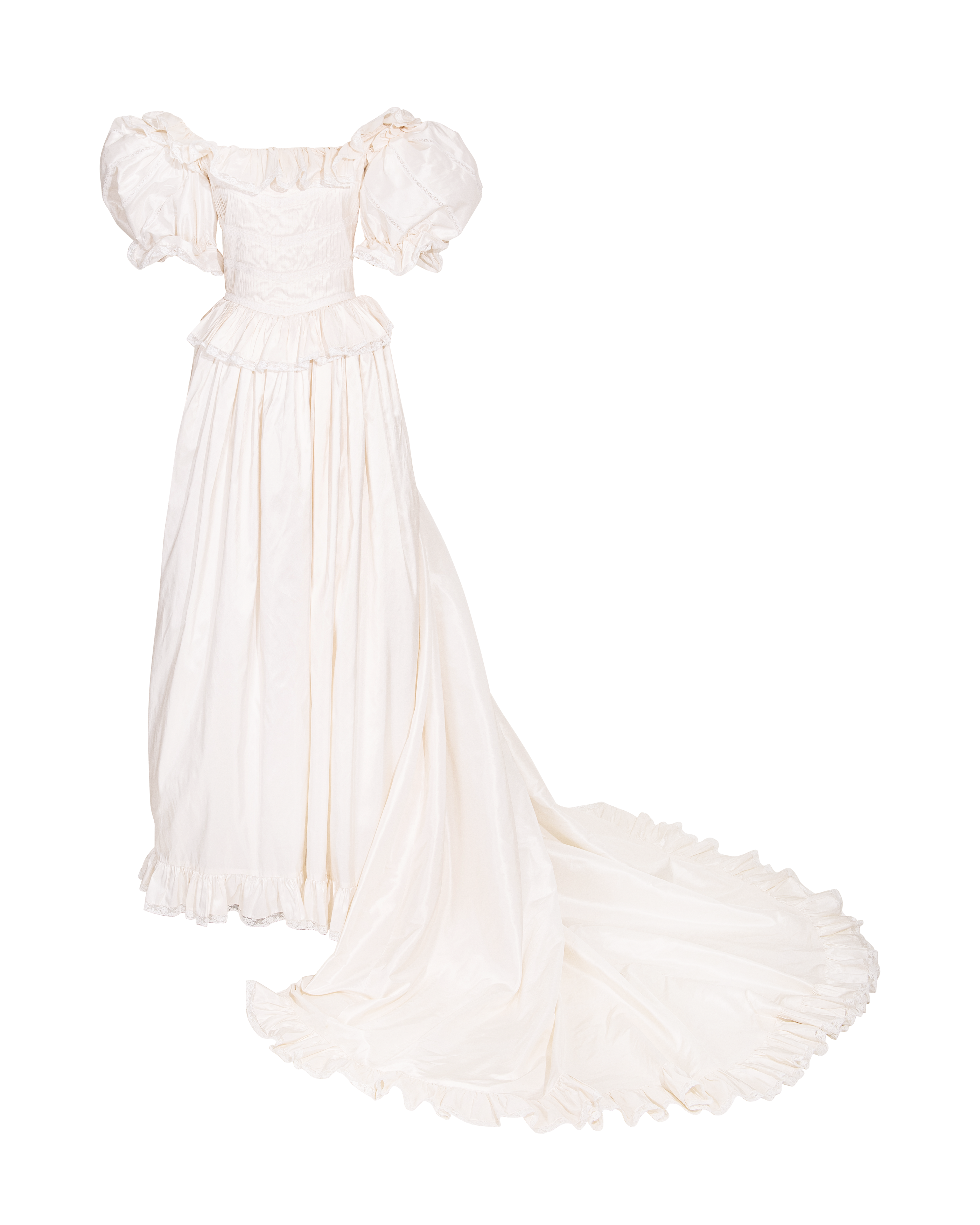 1970's White Off-Shoulder Silk Ruffle Gown with Long Train