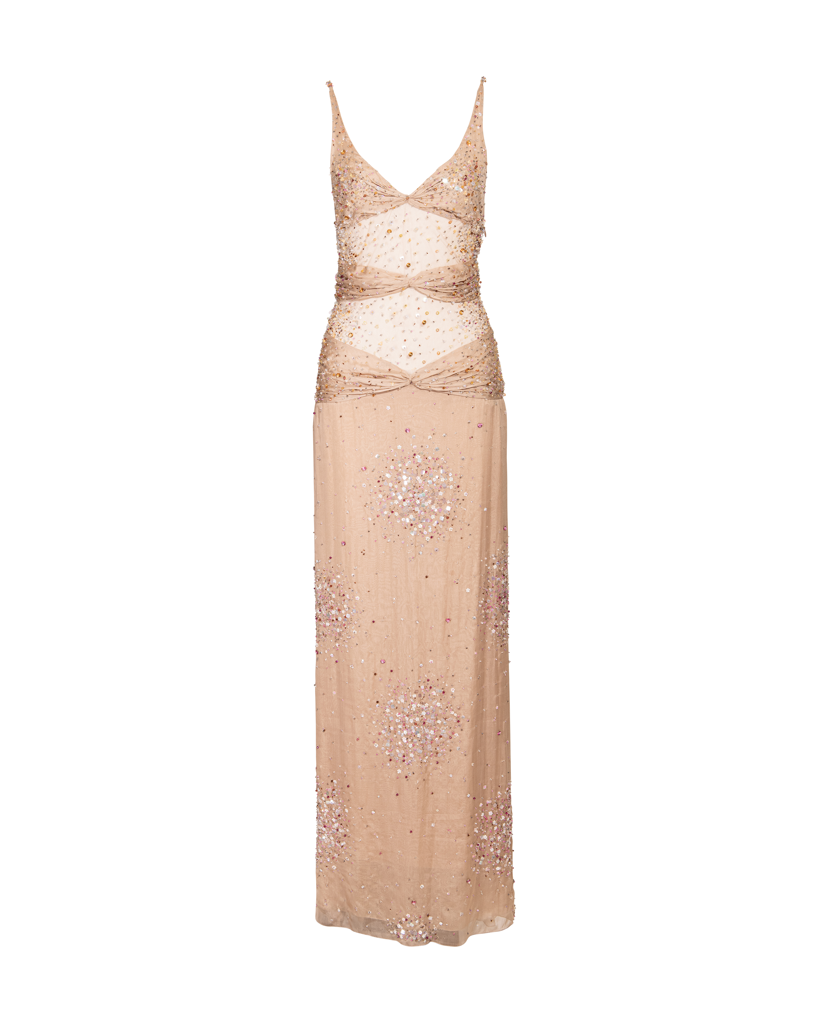 S/S 2001 Mesh and Silk Tan Embellished Gown