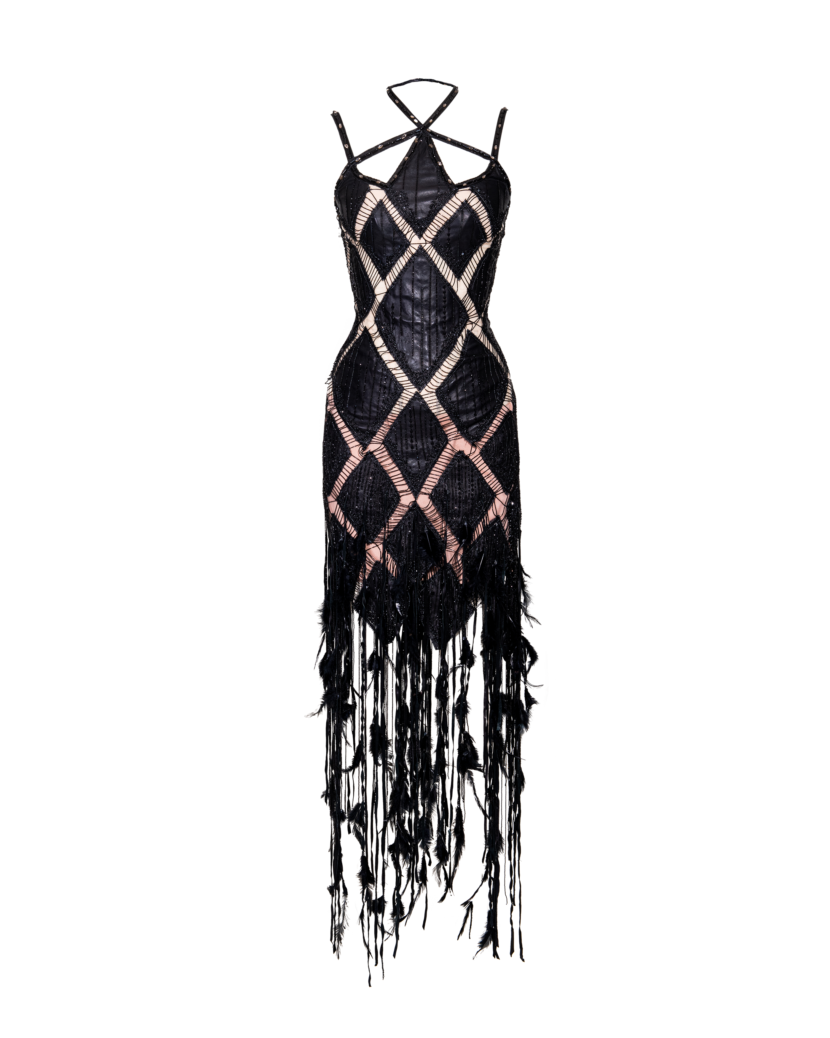S/S 2004 Geometric Black Embellished Leather Cutout Corset Fringe Dress