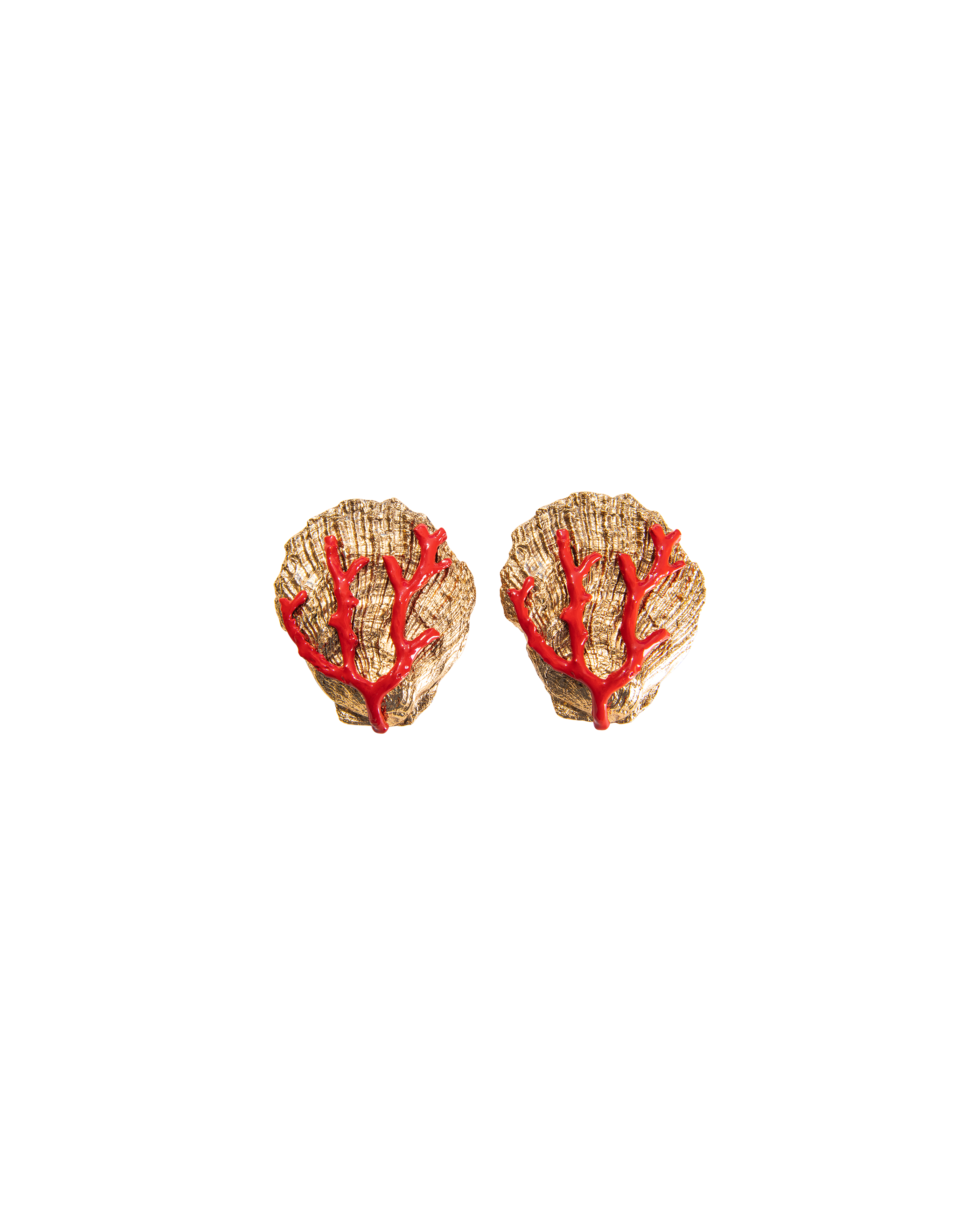 S/S 1979 Rive Gauche Gold Seashell Clip-On Earrings with Coral Detail
