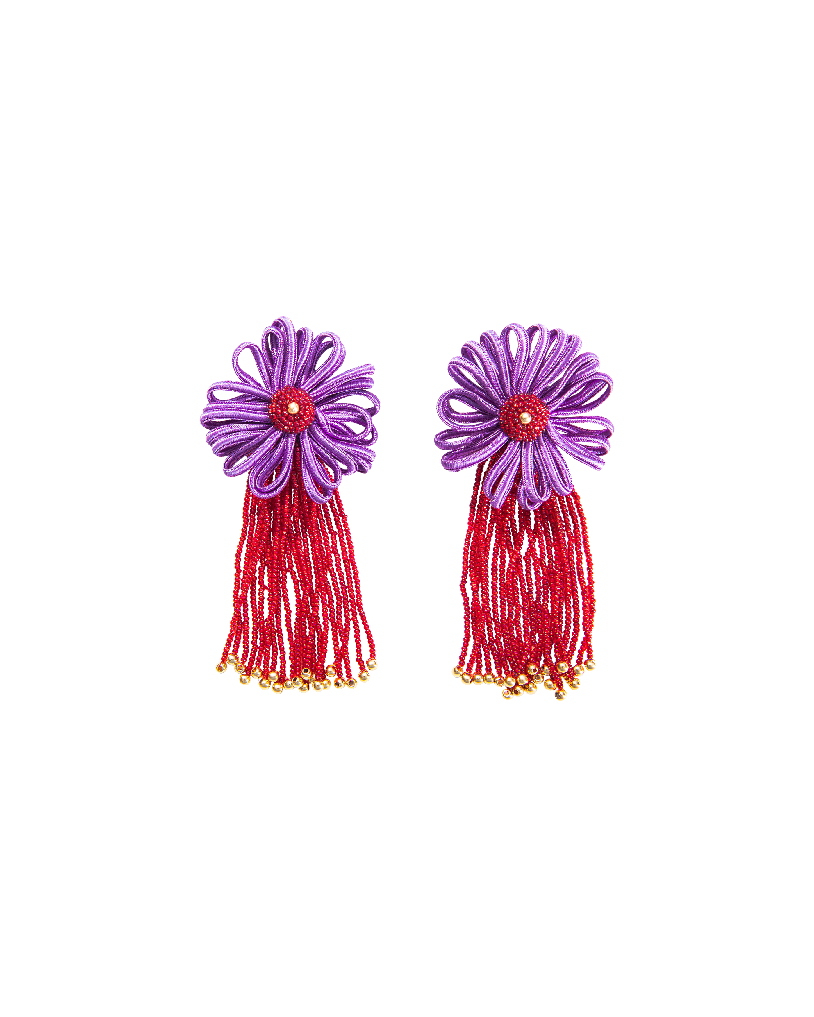 A/W 1992 Purple Ribbon and Red Beaded Flower Earrings