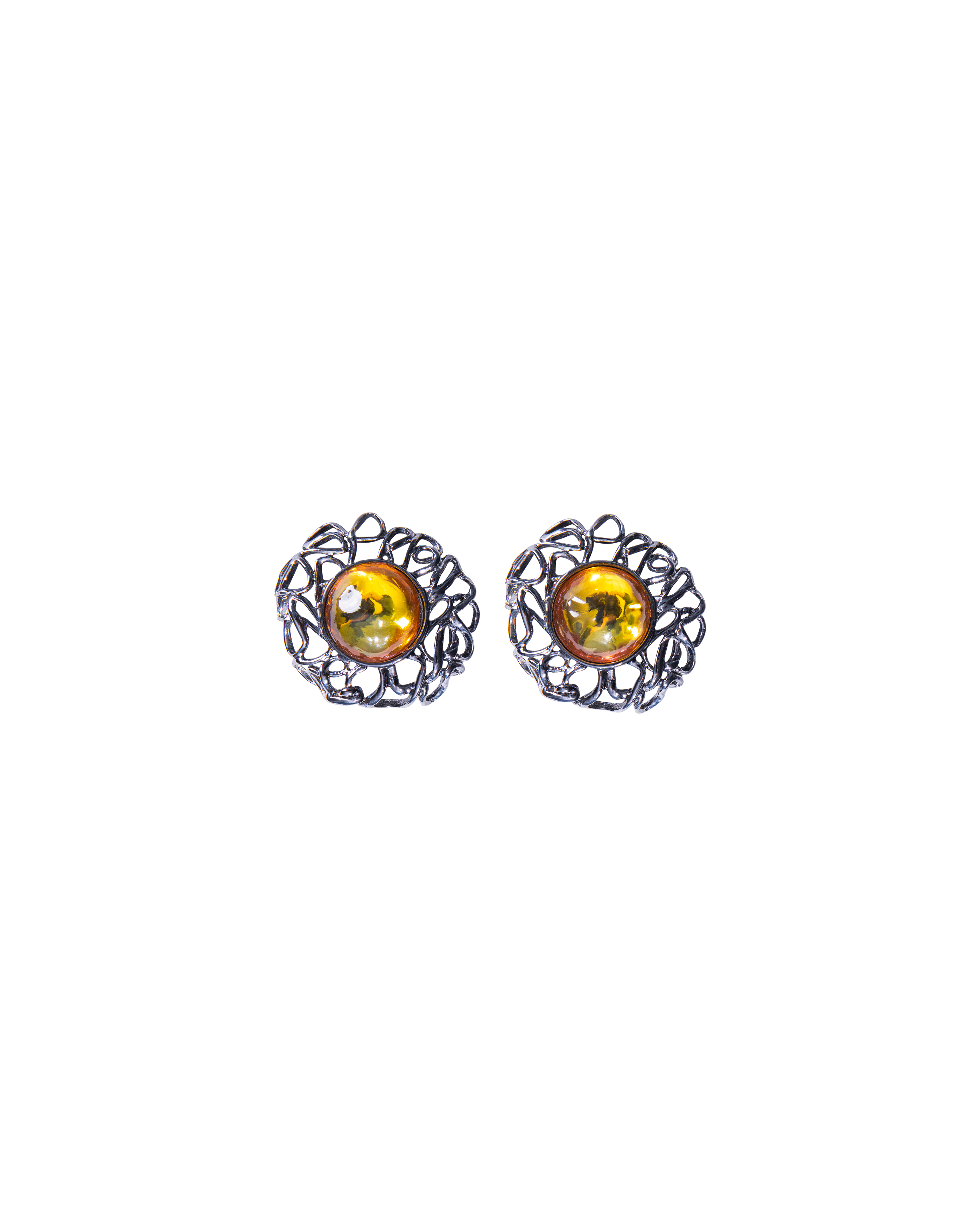 1990's Gunmetal Curved Clip-On Earrings with Yellow-Orange Gemstone Center