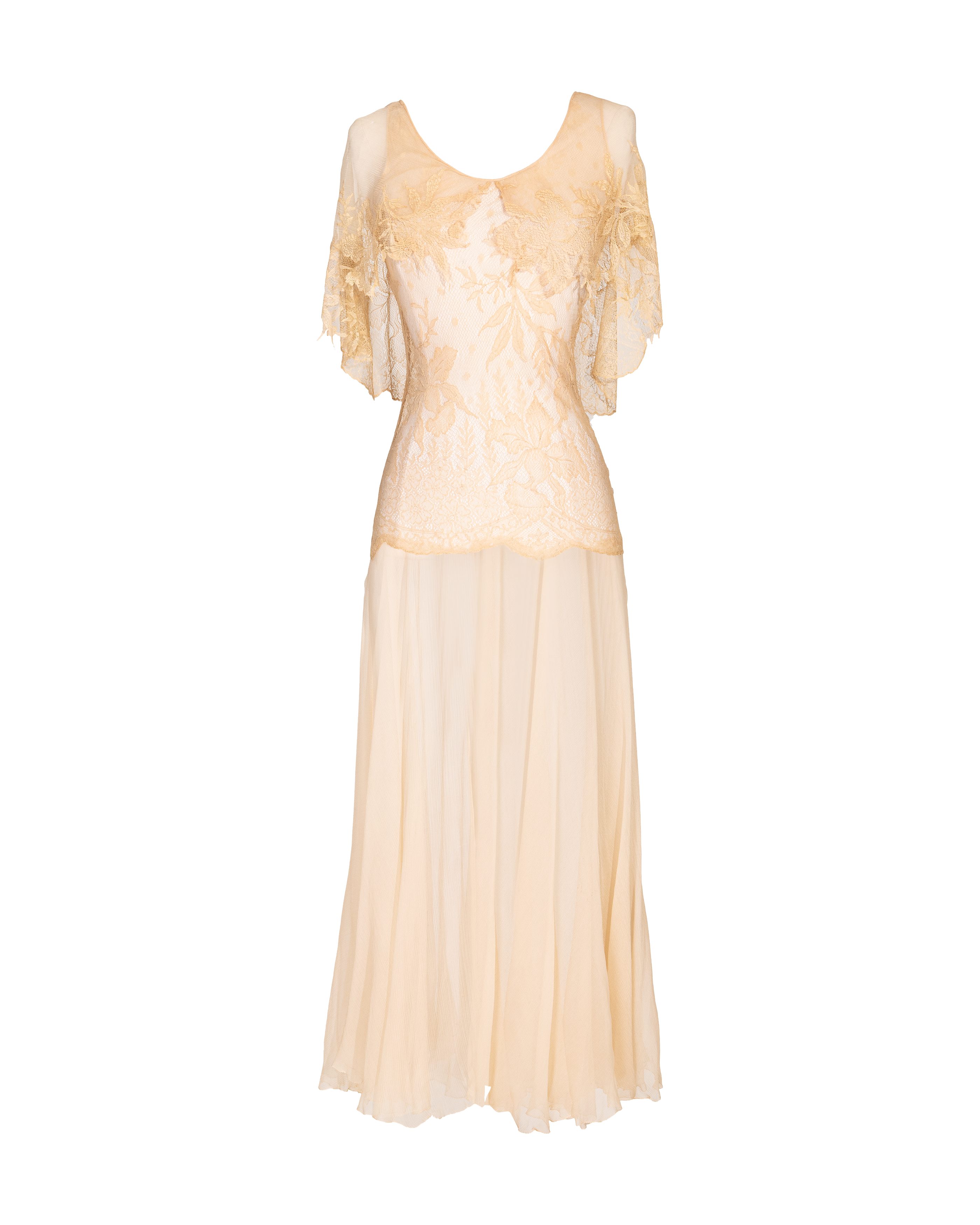 1930's Butter Yellow Silk Chiffon and Lace Midi Dress