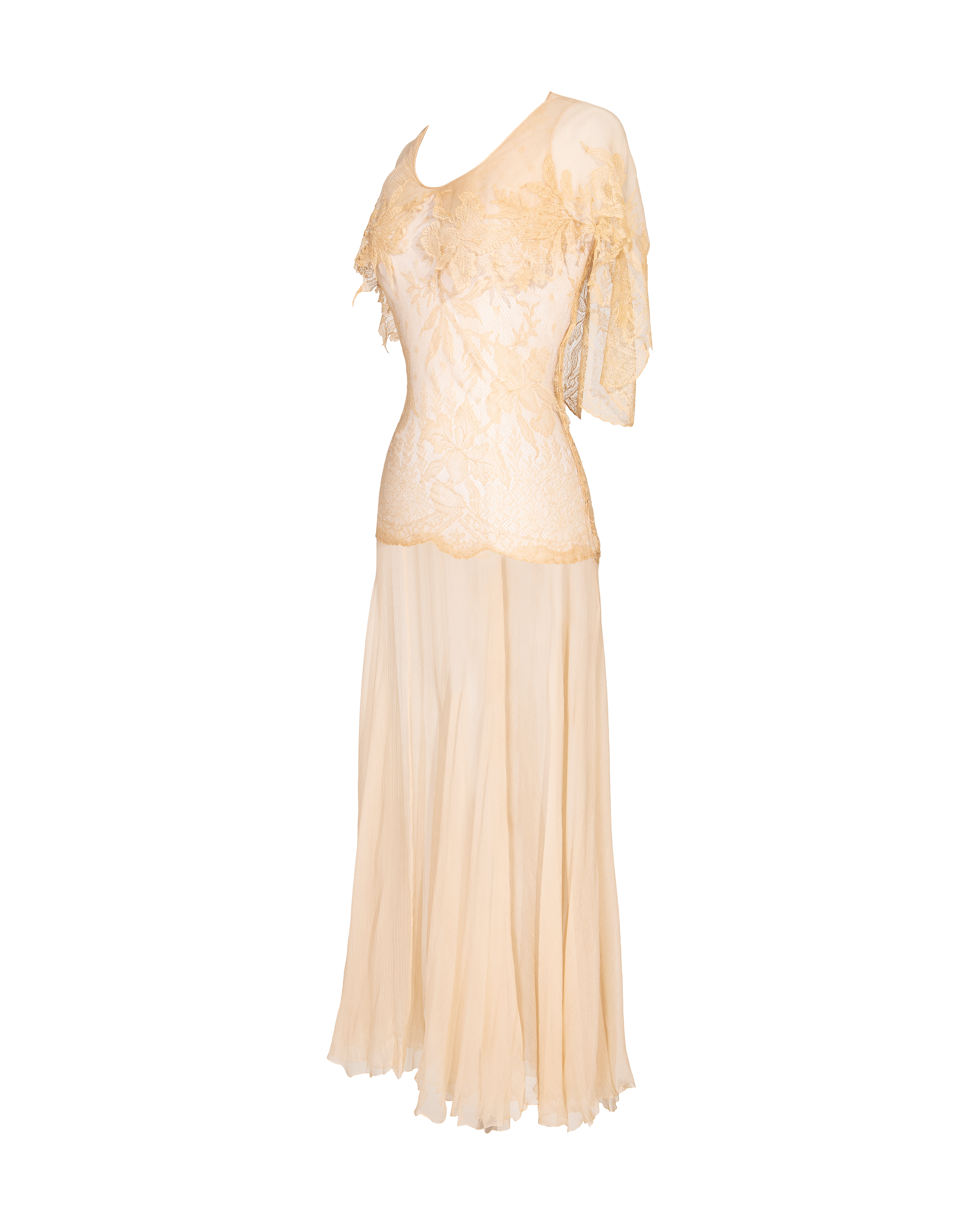 1930's Butter Yellow Silk Chiffon and Lace Midi Dress