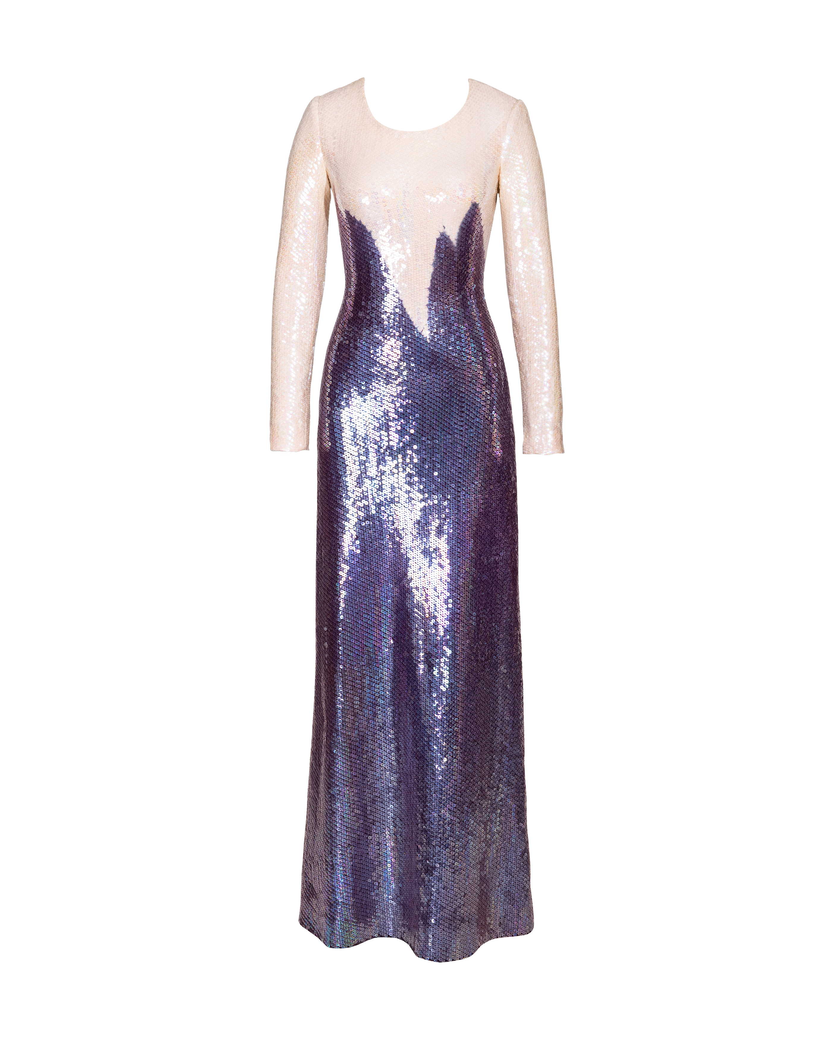 A/W 1973 Oil Slick Geometric Point Long Sleeve Sequin Gradient Gown