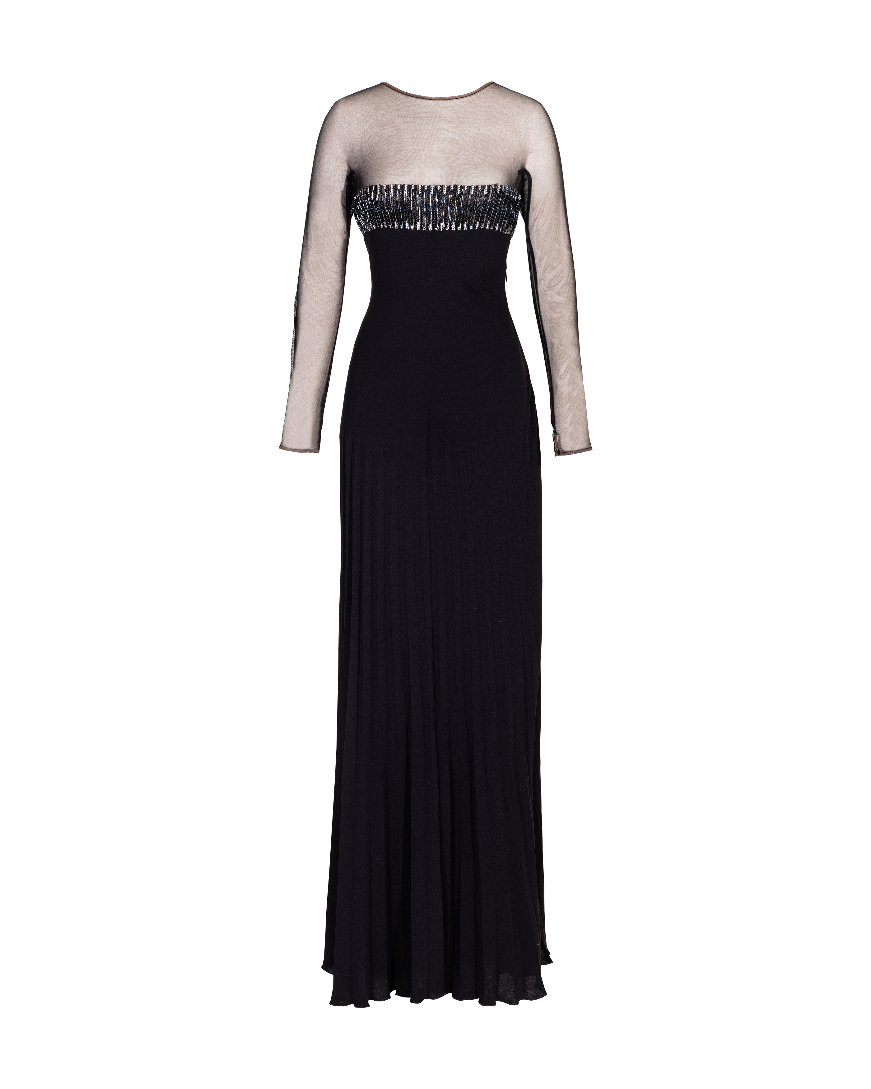 c. 1999 Black Long Sleeve Embellished Silk and Mesh Gown