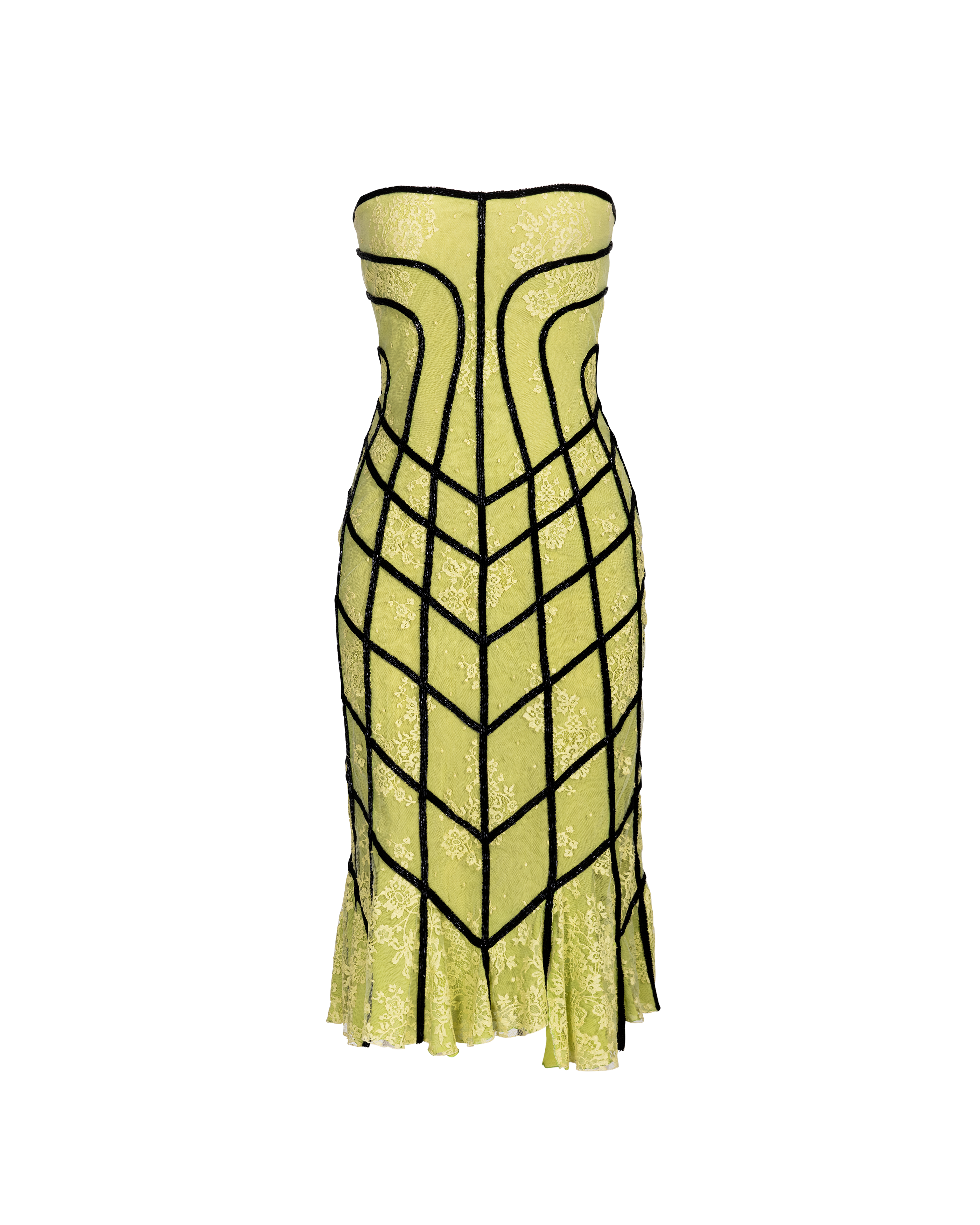 S/S 2001 Haute Couture Green and Black Geometric Embellished Dress