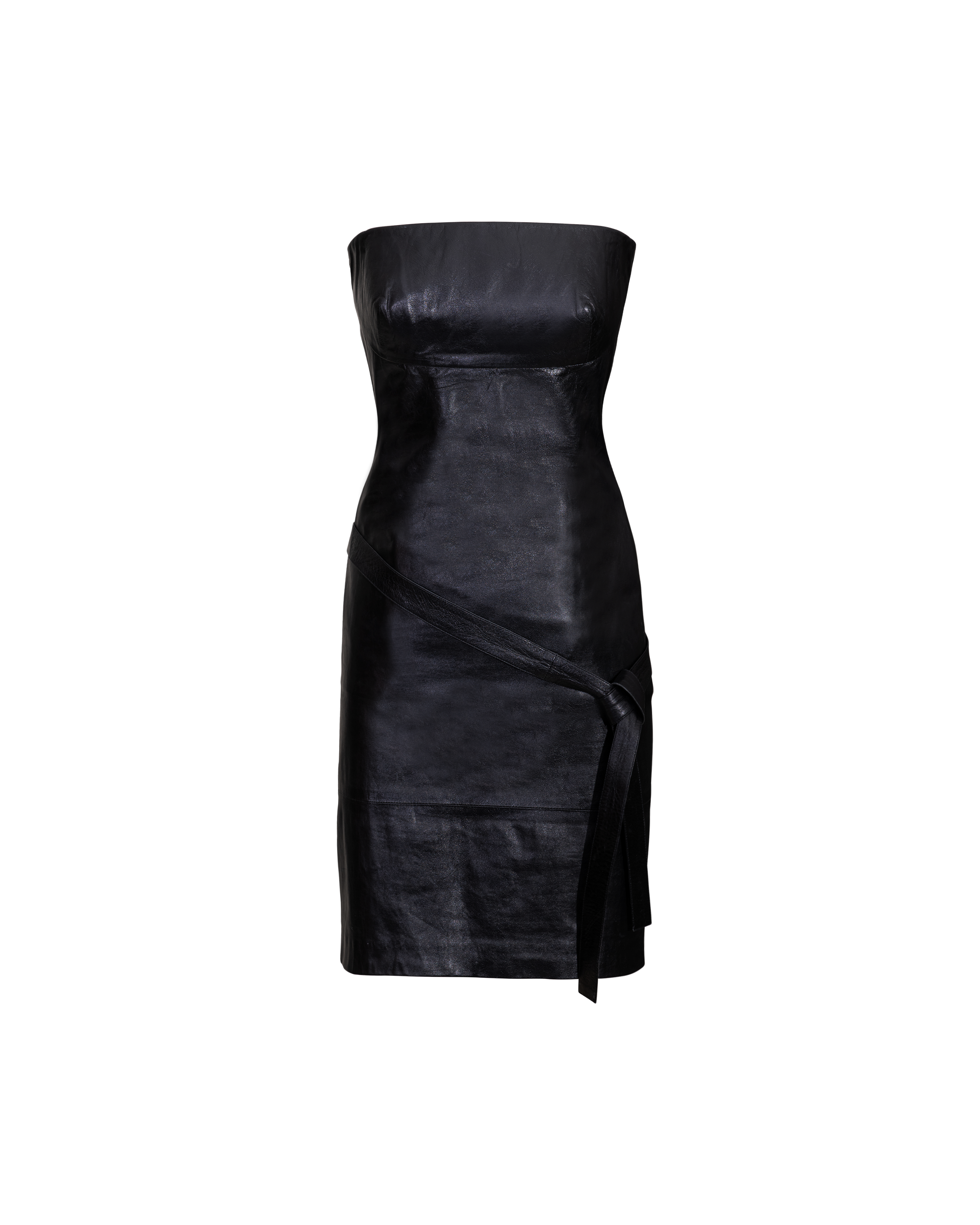 S/S 2001 Black Leather Strapless Mini Dress