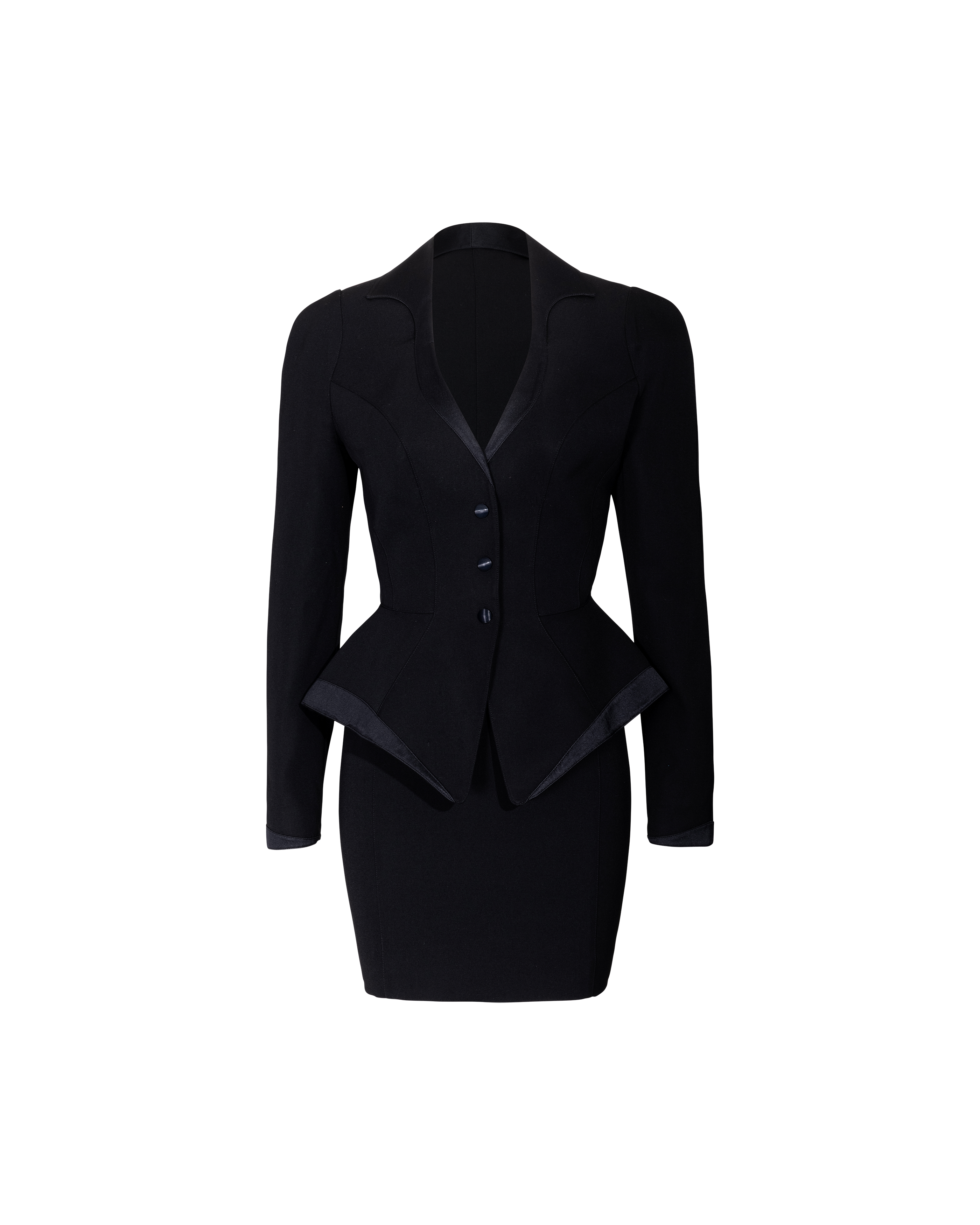 A/W 1988 Black Blazer and Skirt Suit Set with Silk-Satin Contrast Trim