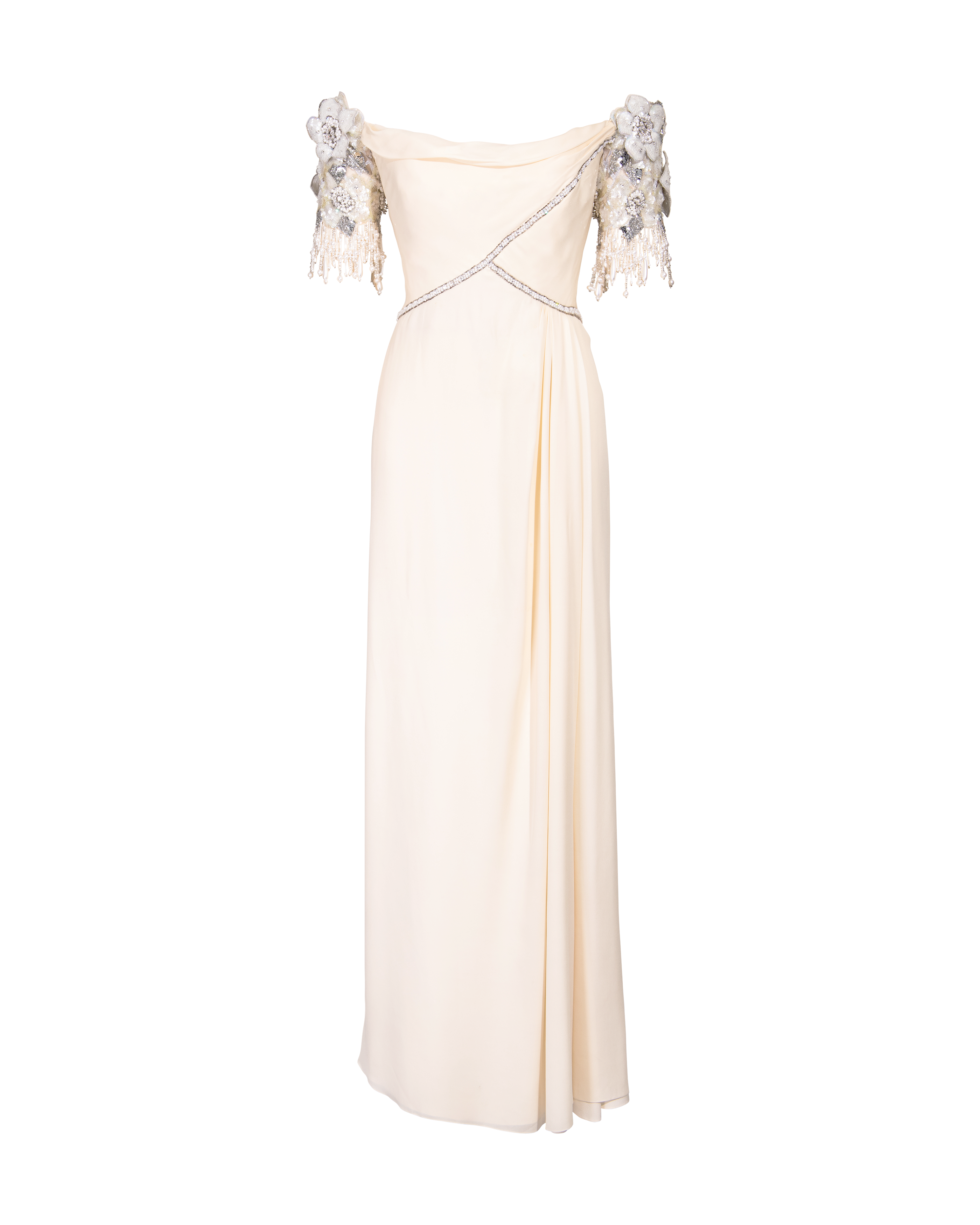 1970's Gown with Embellished Floral Sleeves