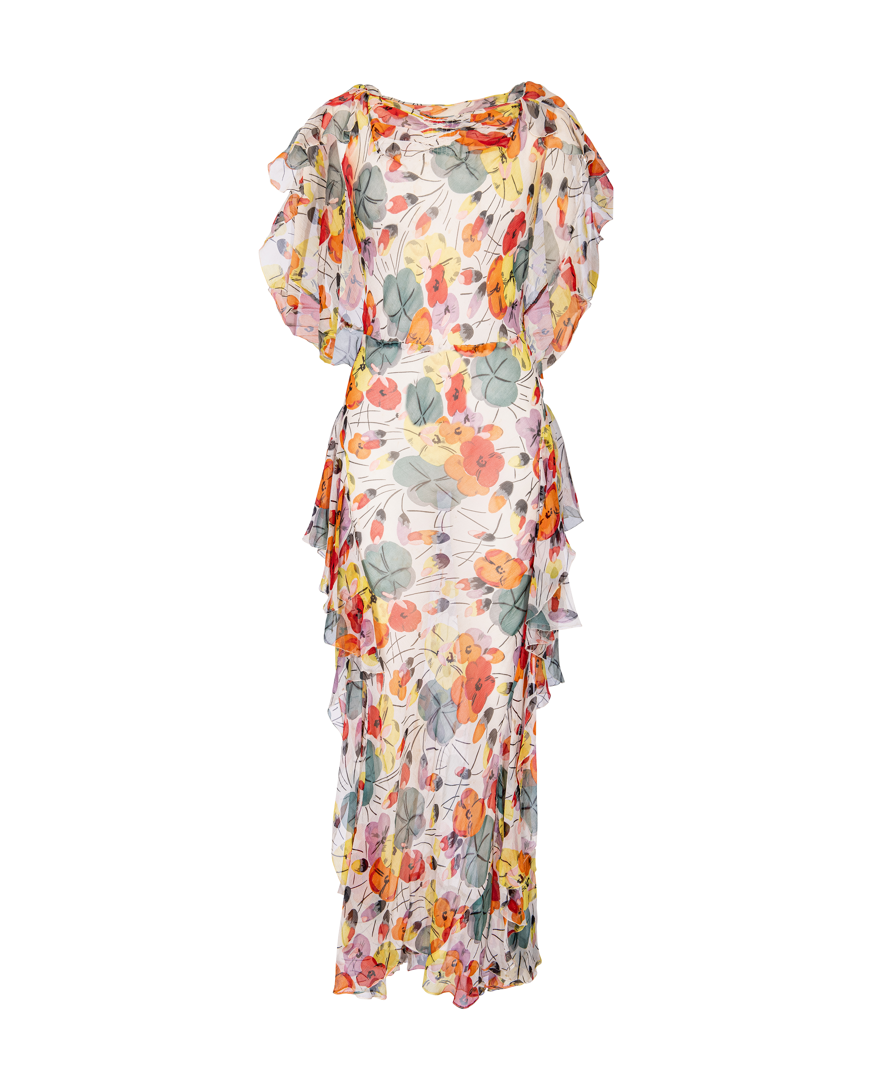 1920's Semi-Sheer Silk Chiffon Floral Ruffle Gown
