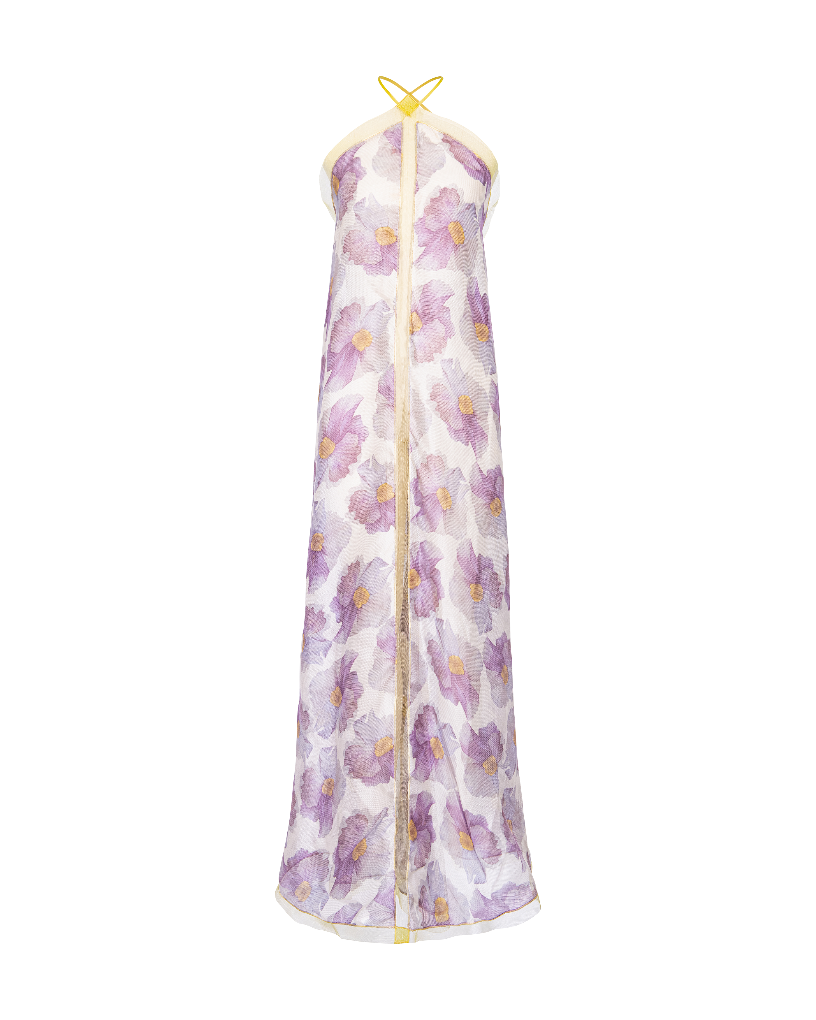 1990's Purple Floral Semi-Sheer Mesh Gown