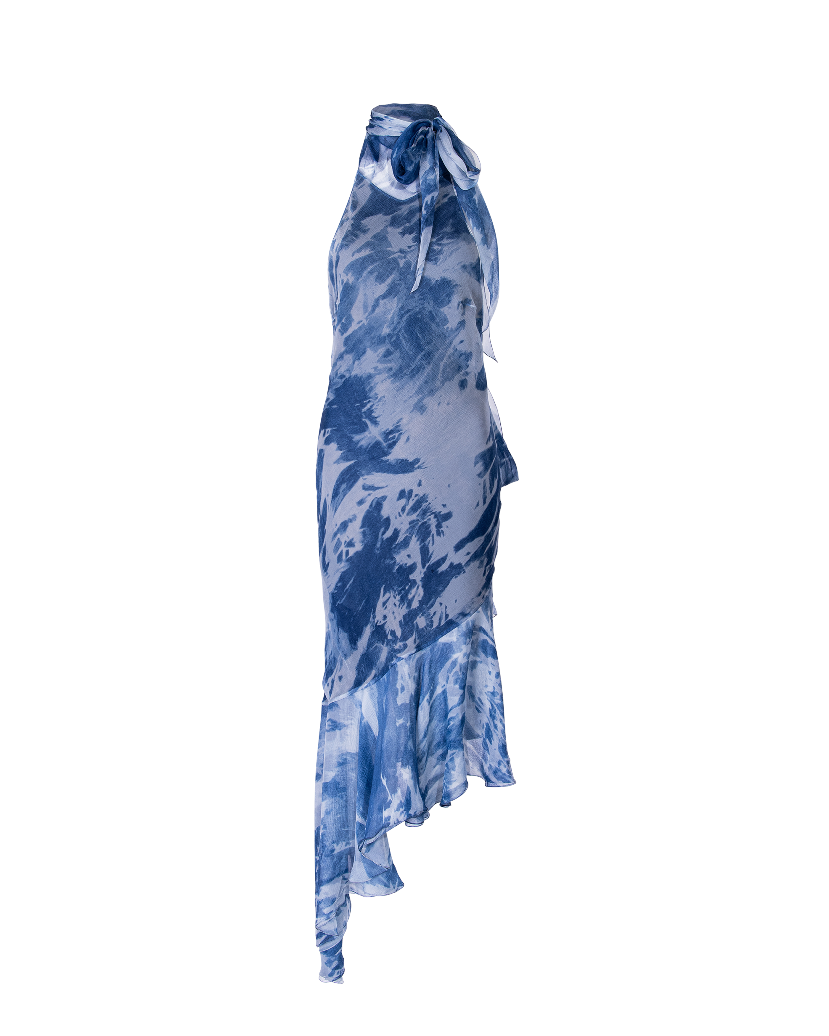 A/W 2000 Blue Tie-Dye Silk Chiffon Bias Cut Midi Dress