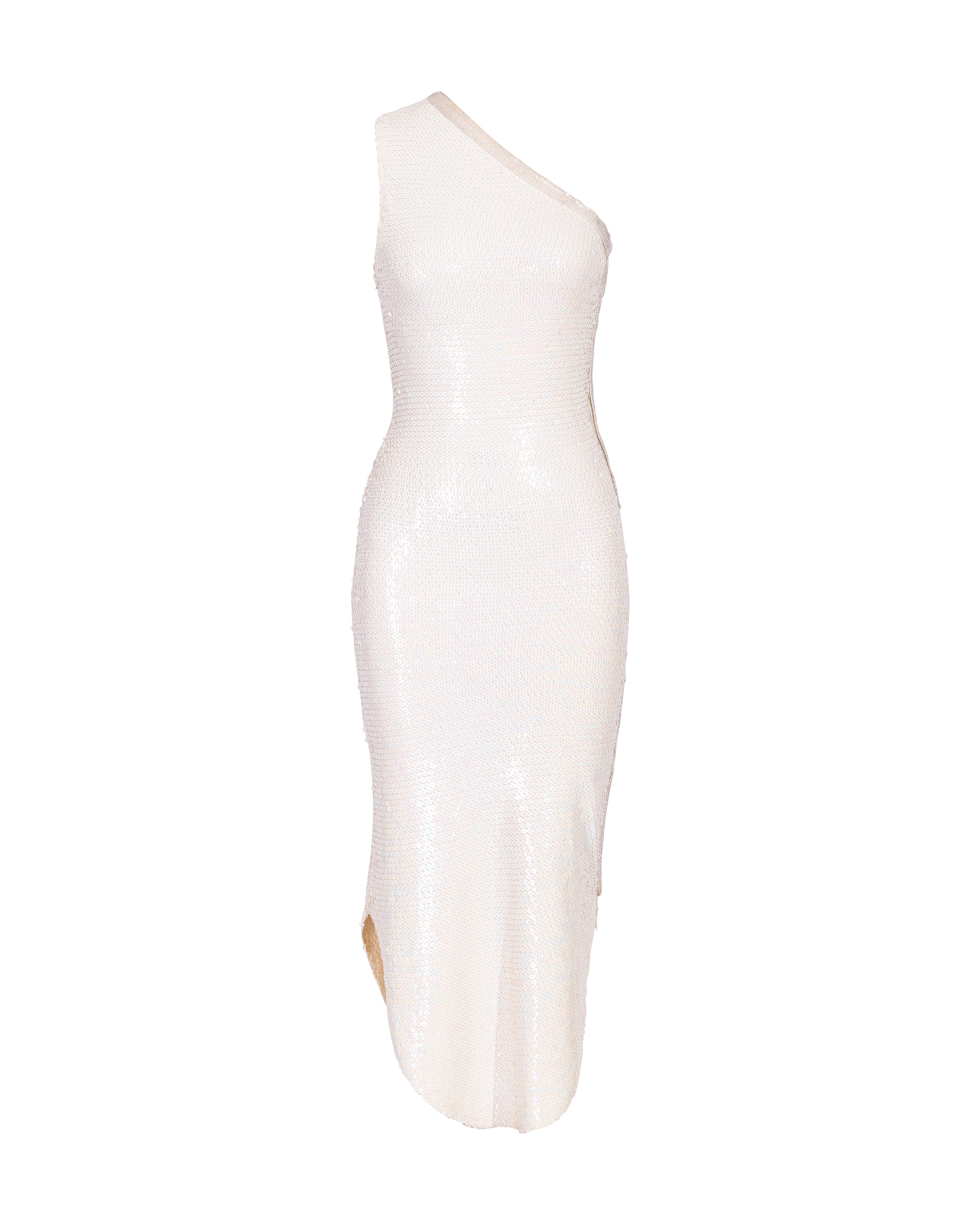 1970's White One-Shoulder Sequin Dress