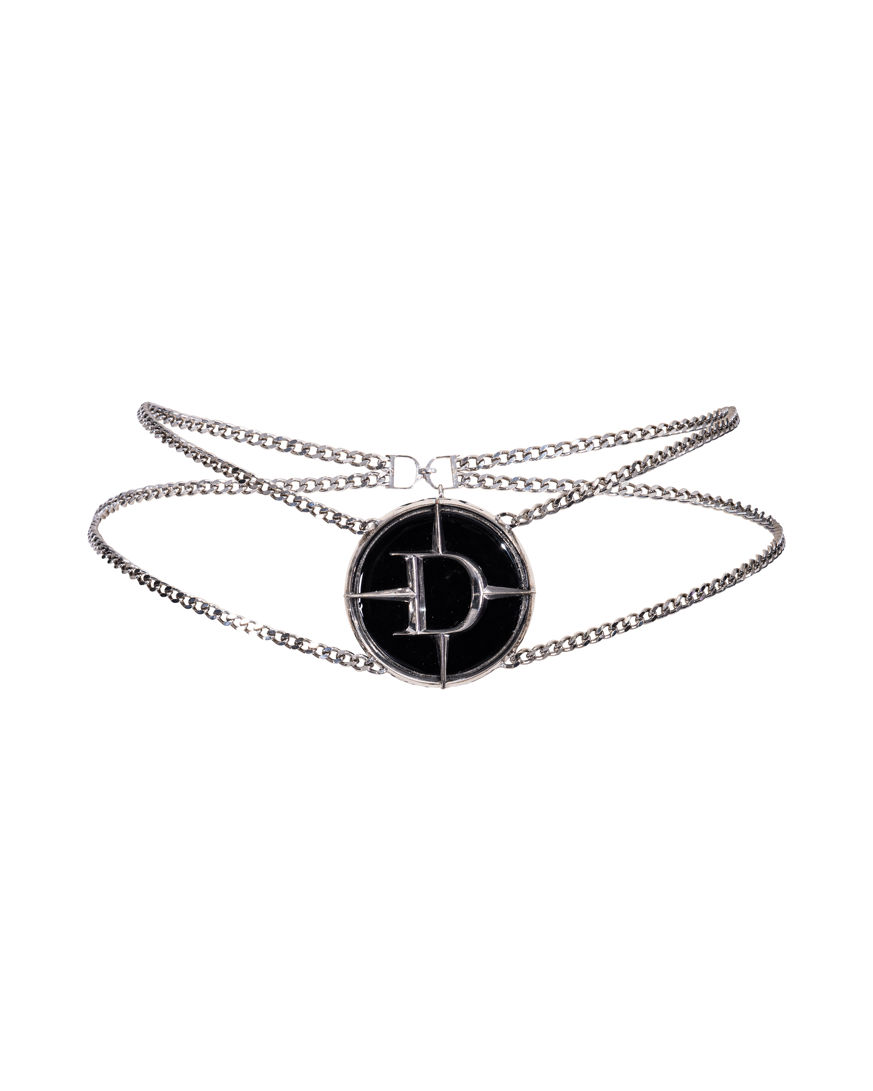 S/S 2001 Haute Couture Black and Silver 'D' Logo Circle Chain Belt