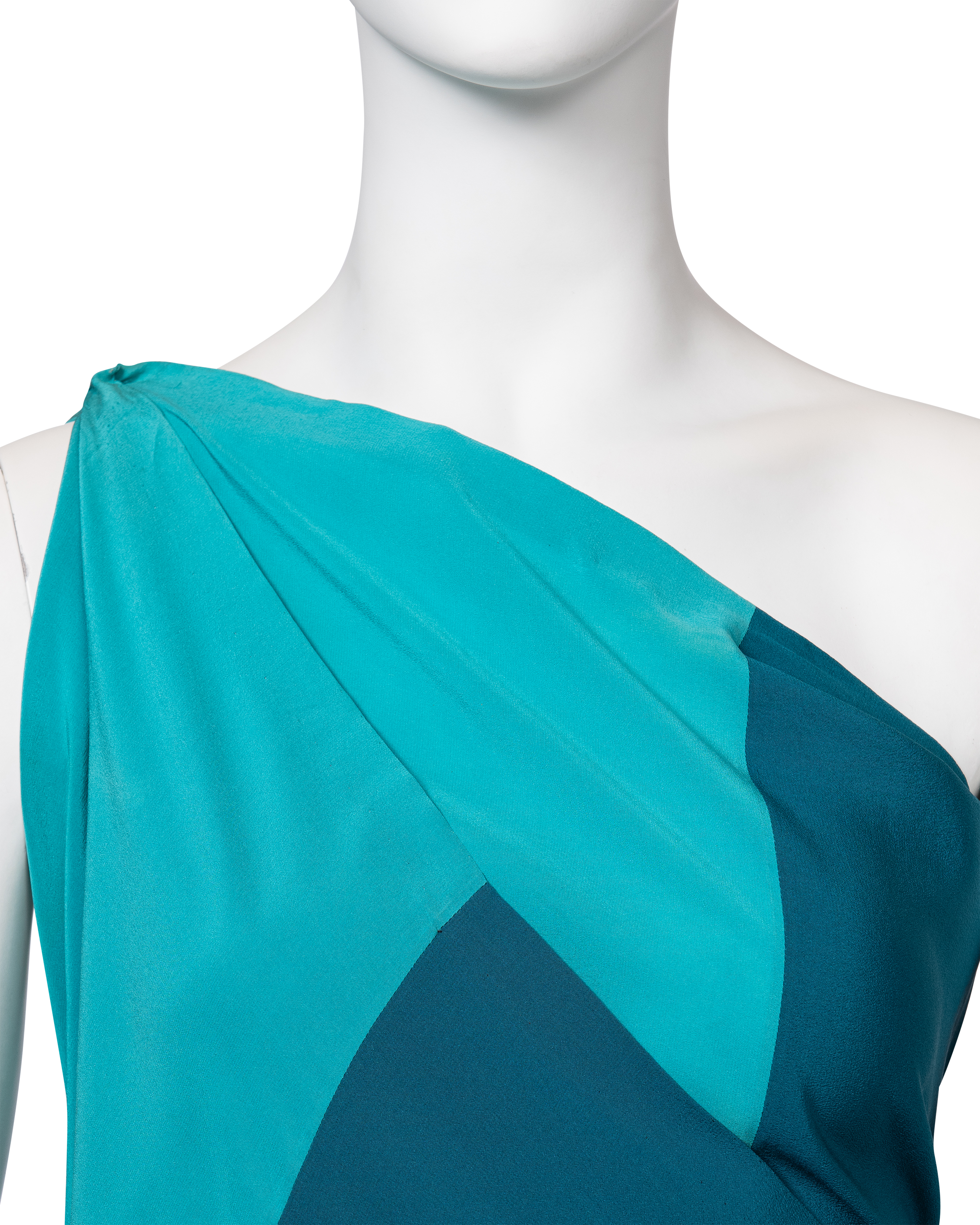 1970's Haute Couture One-Shoulder Turquoise and Teal Color Block Drape 1970's Haute Couture One-Shoulder Turquoise and Teal Color Block Drape