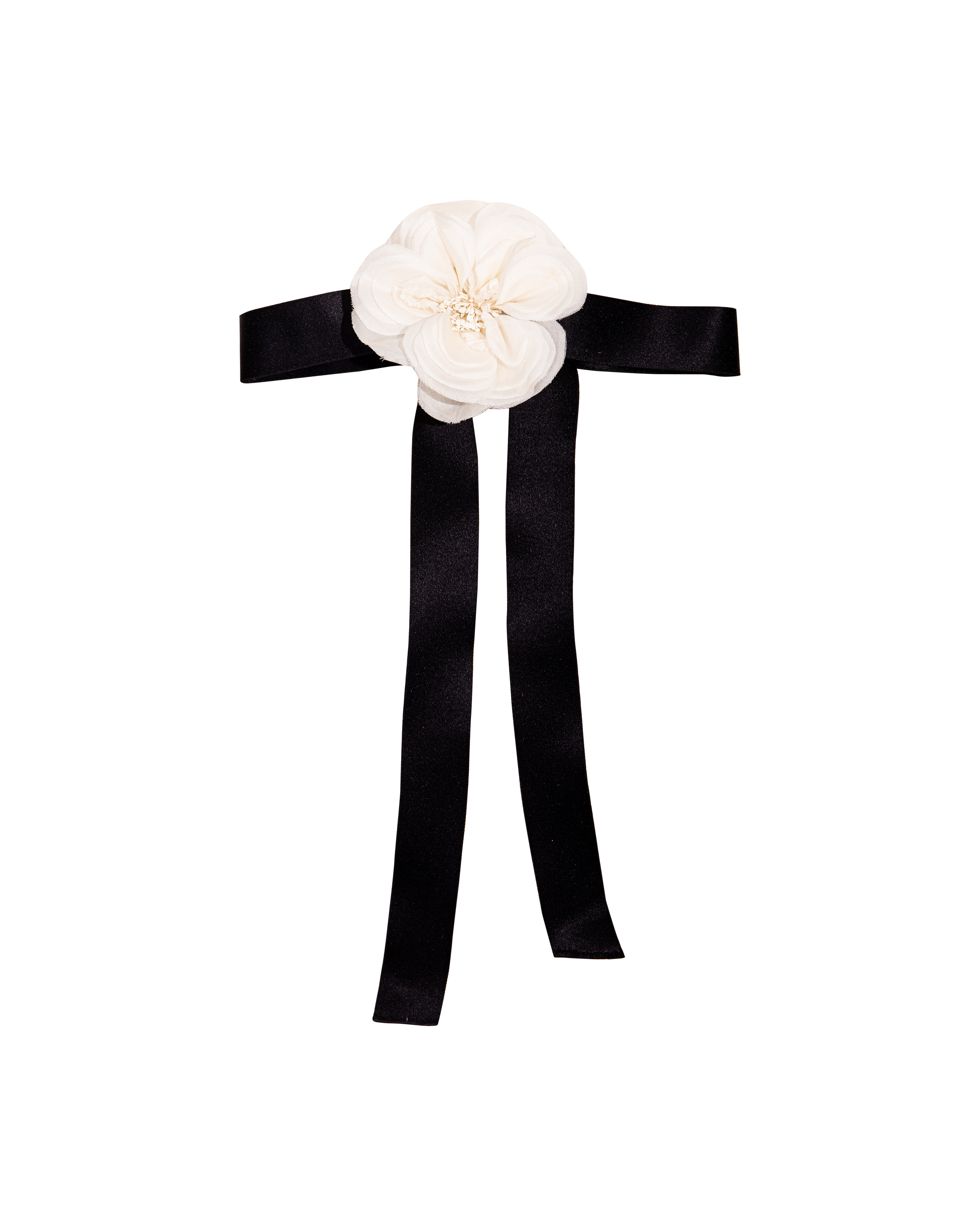 S/S 1992 Ecru Camellia Brooch and Black Silk Satin Ribbon Bow