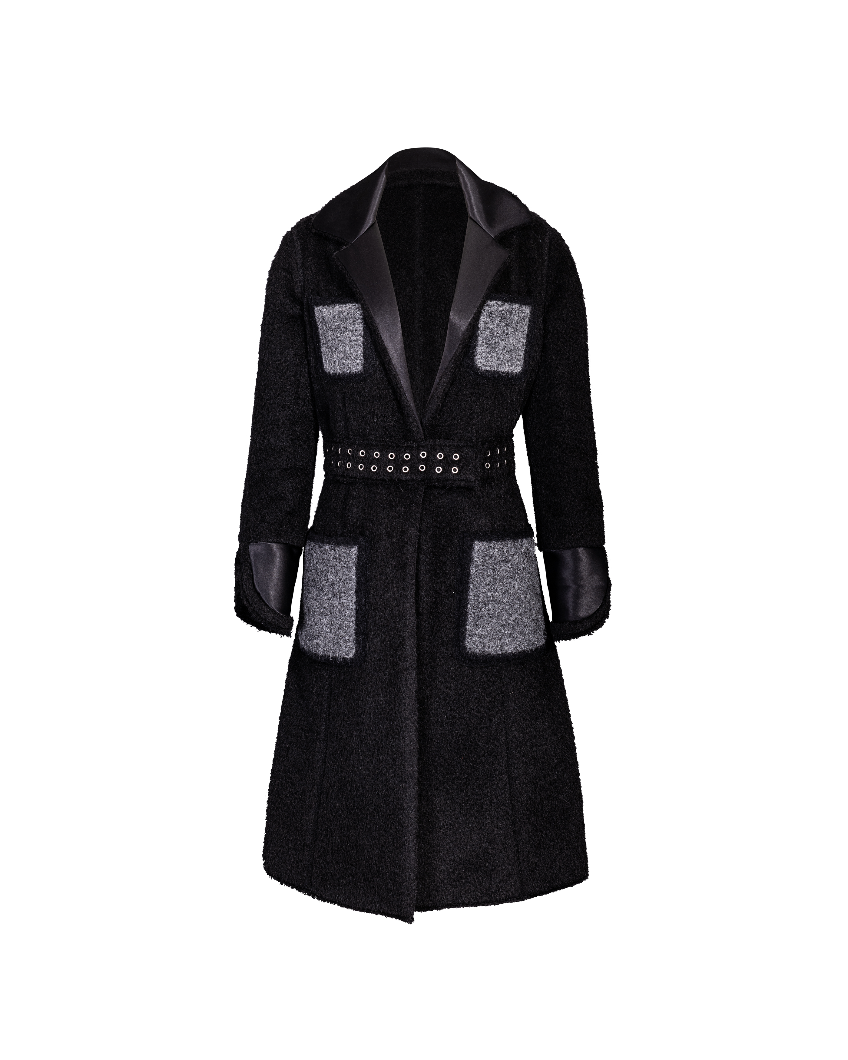 Pre-Fall 2014 Black Shearling Coat with Silk Lapels and Gray Contrast Pockets