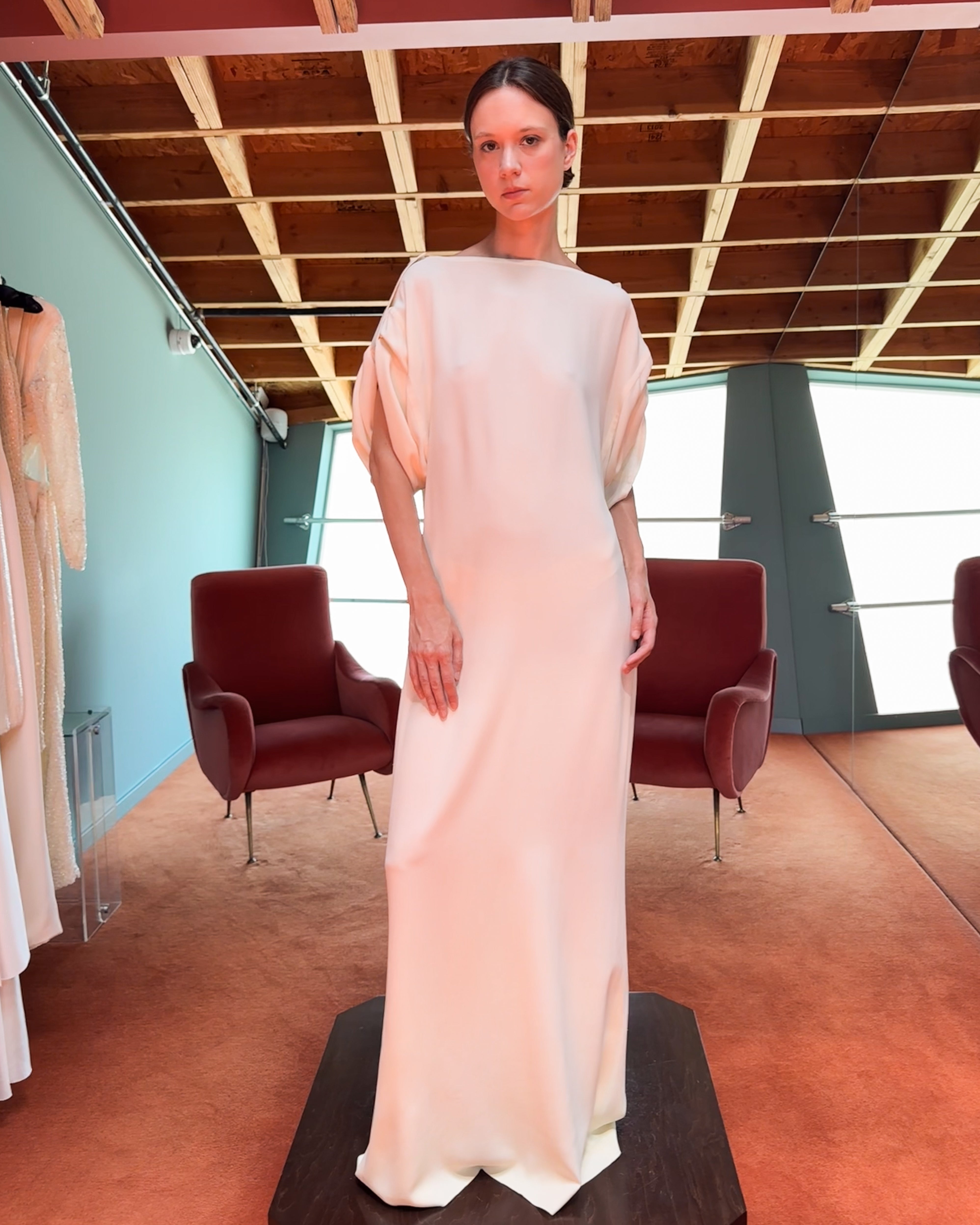 1990's Ivory Long Sleeve Column Gown with Epaulettes