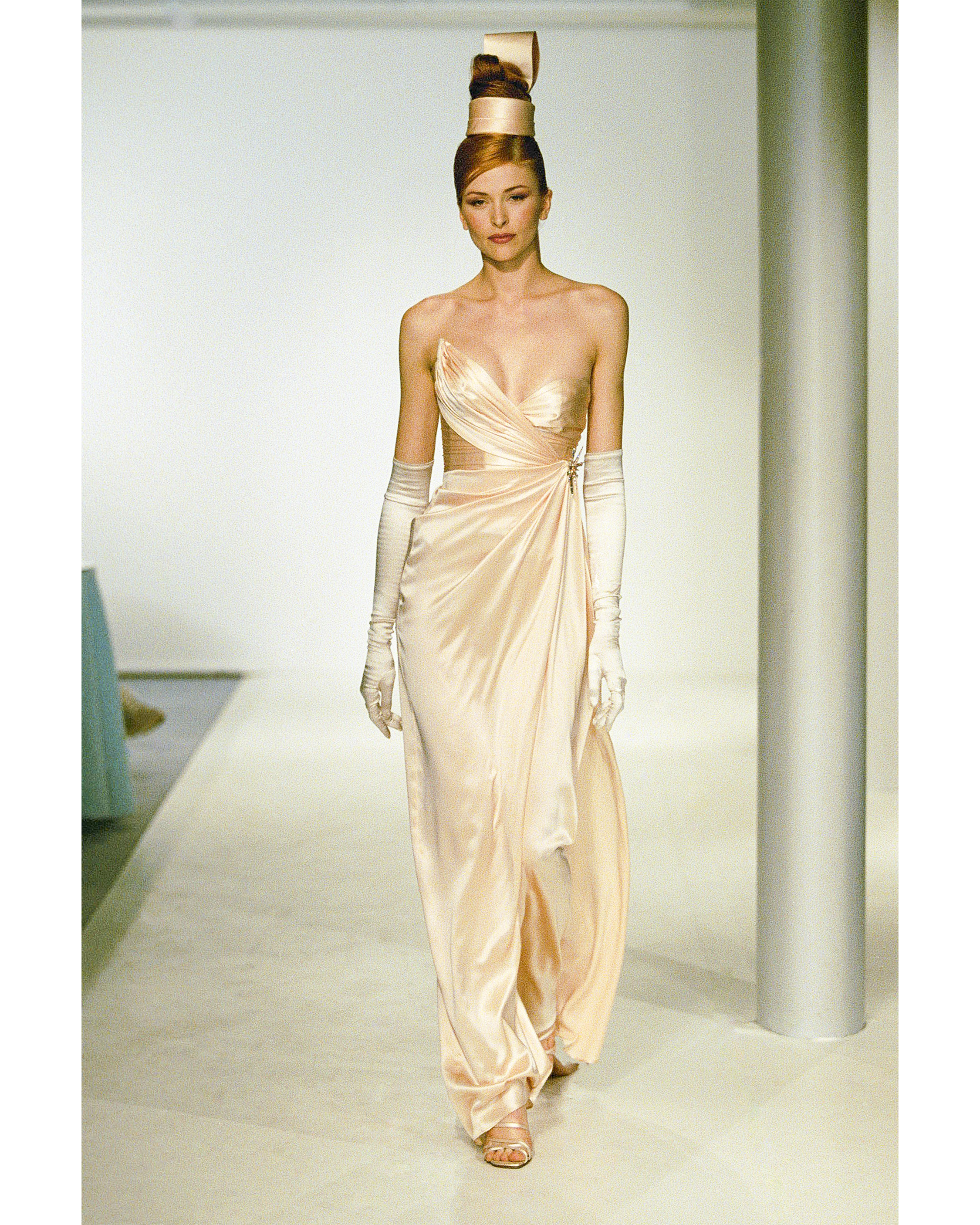 A/W 1999 Peach Asymmetrical Strapless Drape Gown