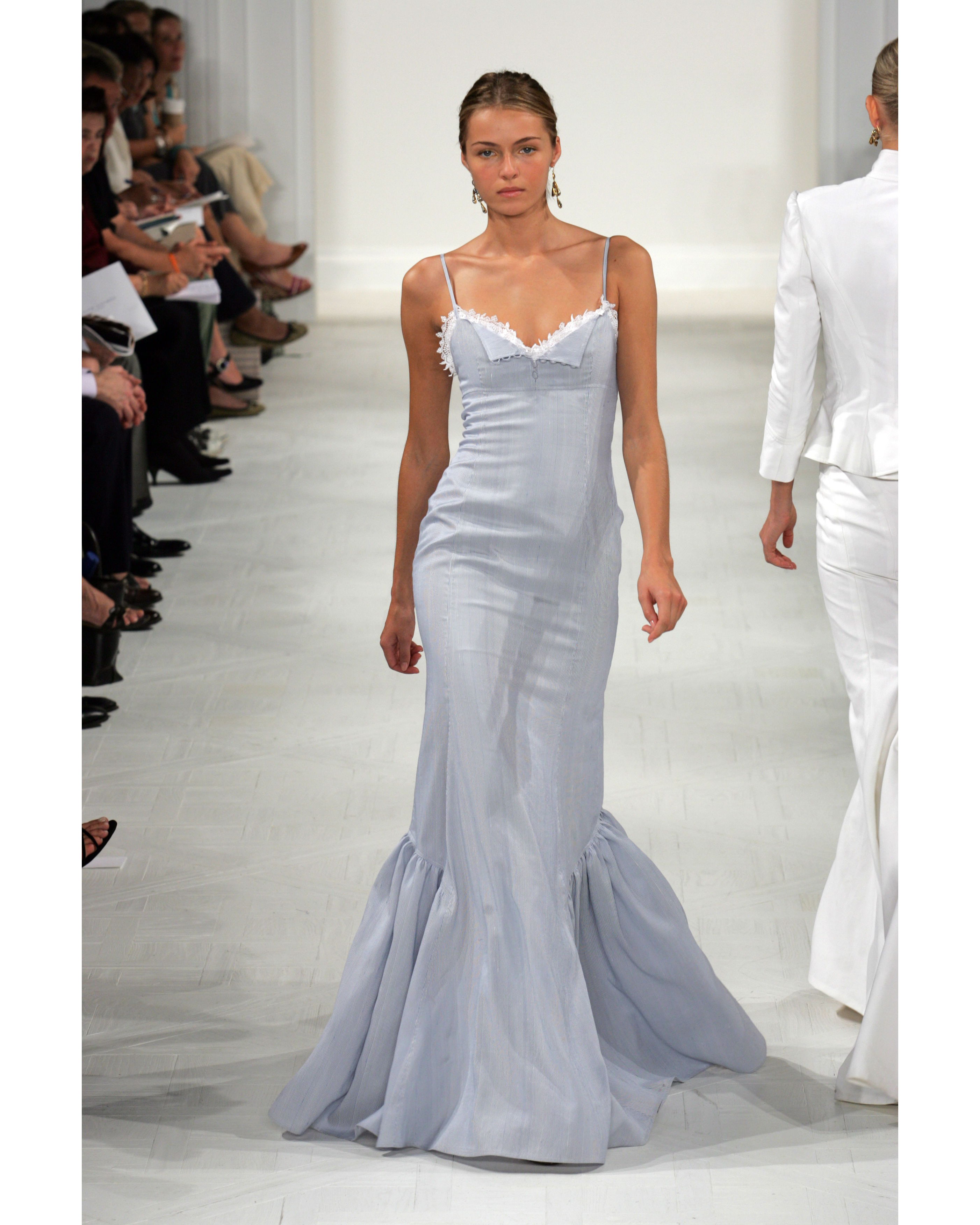 S/S 2006 Pinstriped Blue and White Lace Trim Gown
