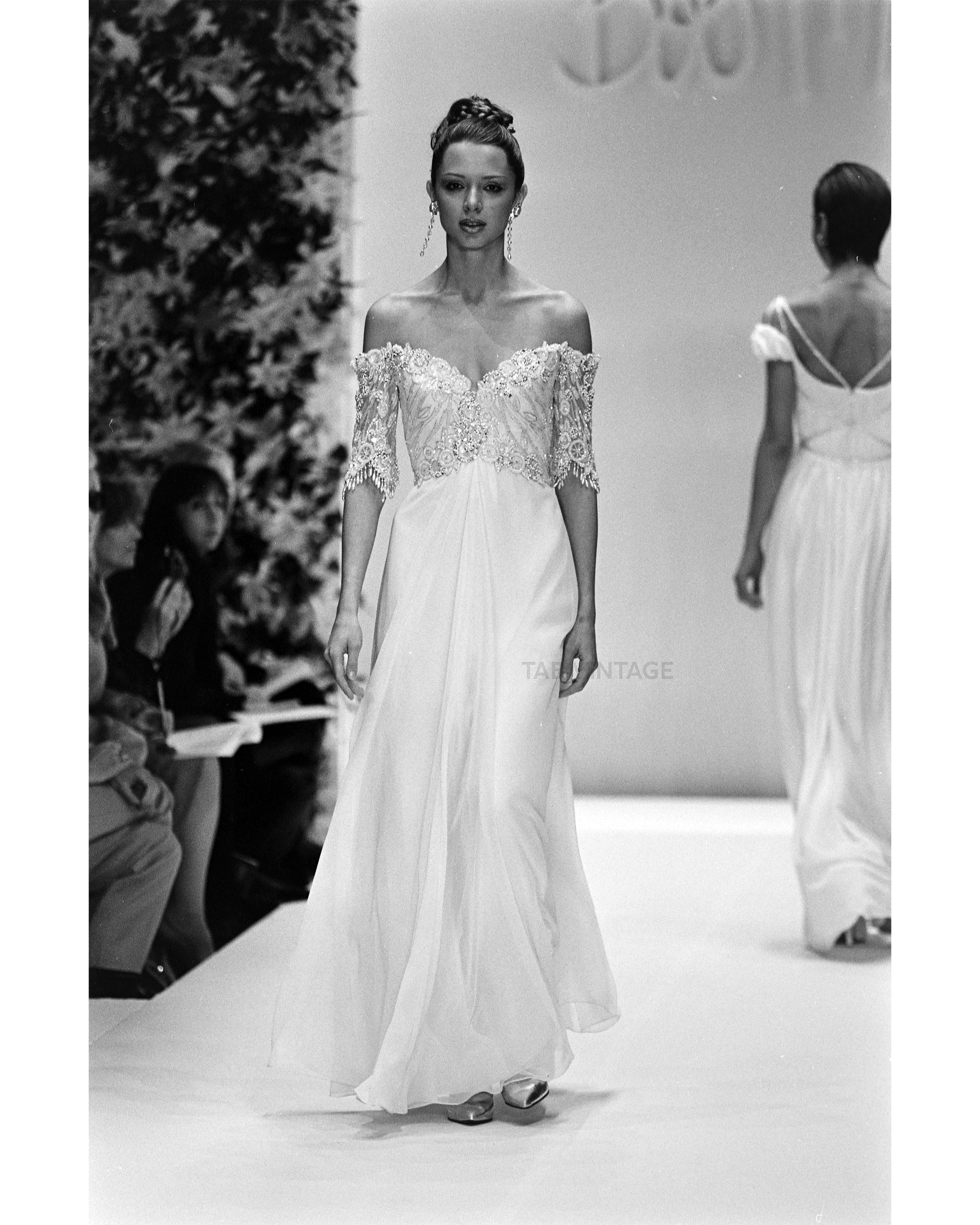 S/S 1997 White Gown with Faux Pearl, Sequin and Beaded Embellished Bust